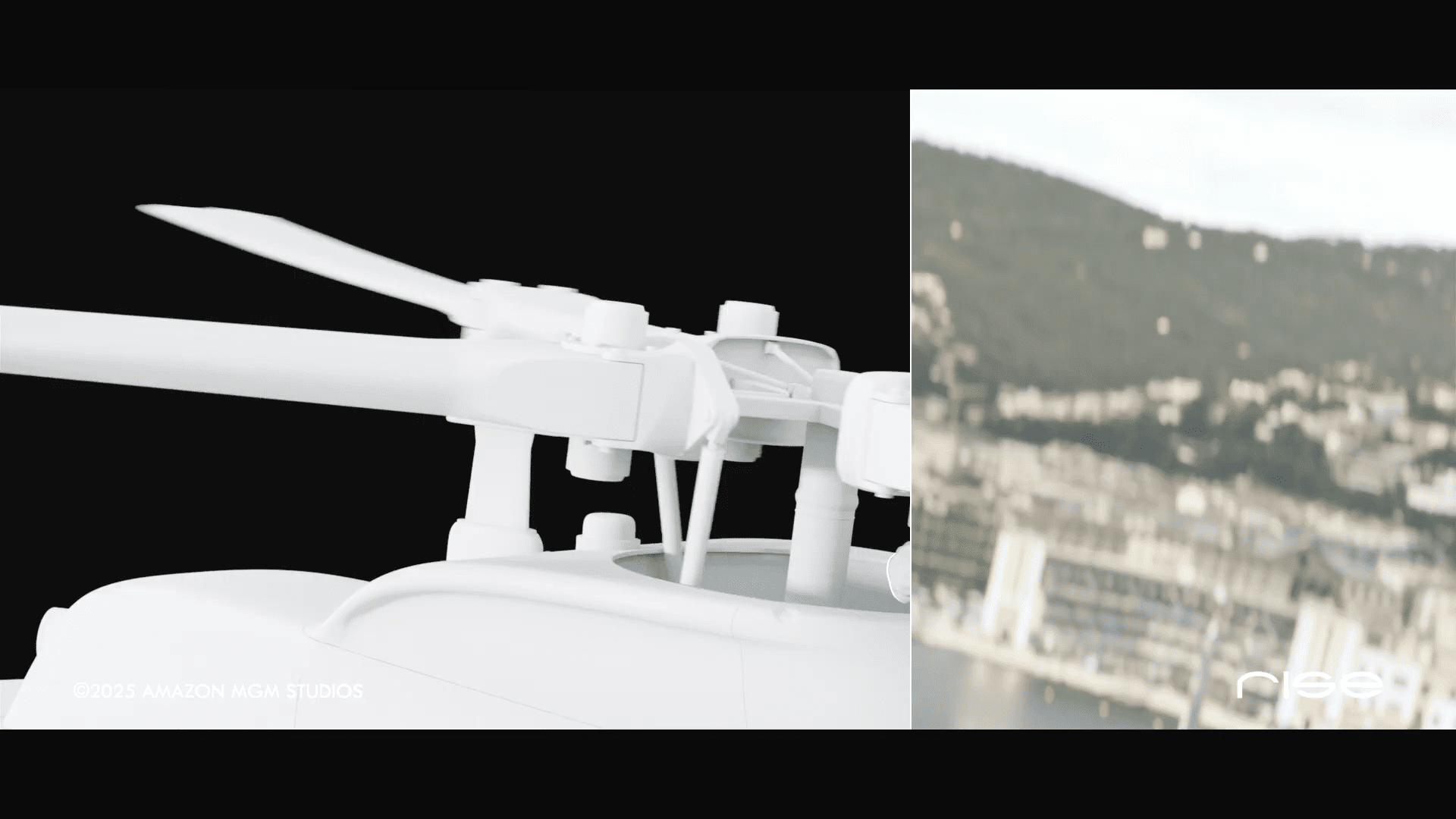 a closeup view of a helicopter rotor mechanism on the left showcasing details like blades and mounting parts paired with a blurred background image of a coastal city and mountains on the right digital production A close-up view of a helicopter rotor mechanism on the left, showcasing details like blades and mounting parts, paired with a blurred background image of a coastal city and mountains on the right.