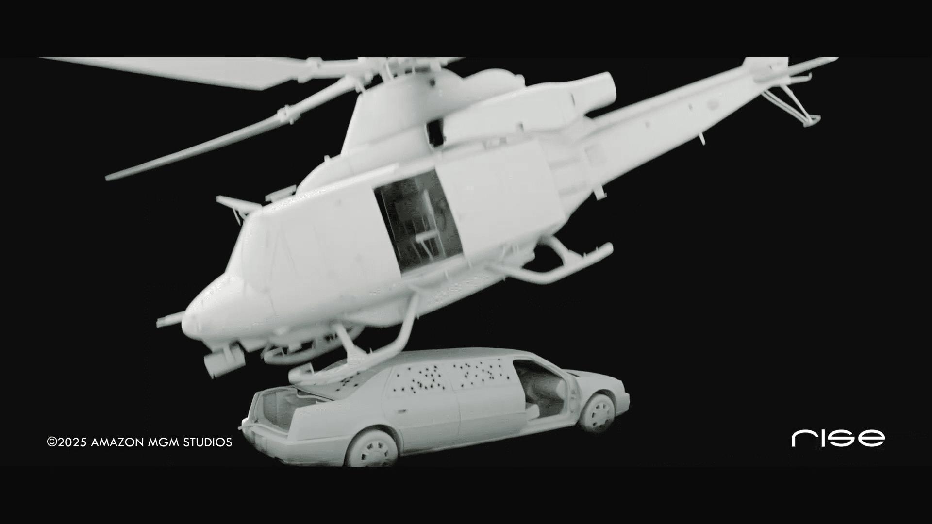 a white model helicopter hovering above a white limousine both set against a black background the helicopter showcases a detailed interior while the limousine features bullet holes along its side digital production A white model helicopter hovering above a white limousine, both set against a black background. The helicopter showcases a detailed interior, while the limousine features bullet holes along its side.