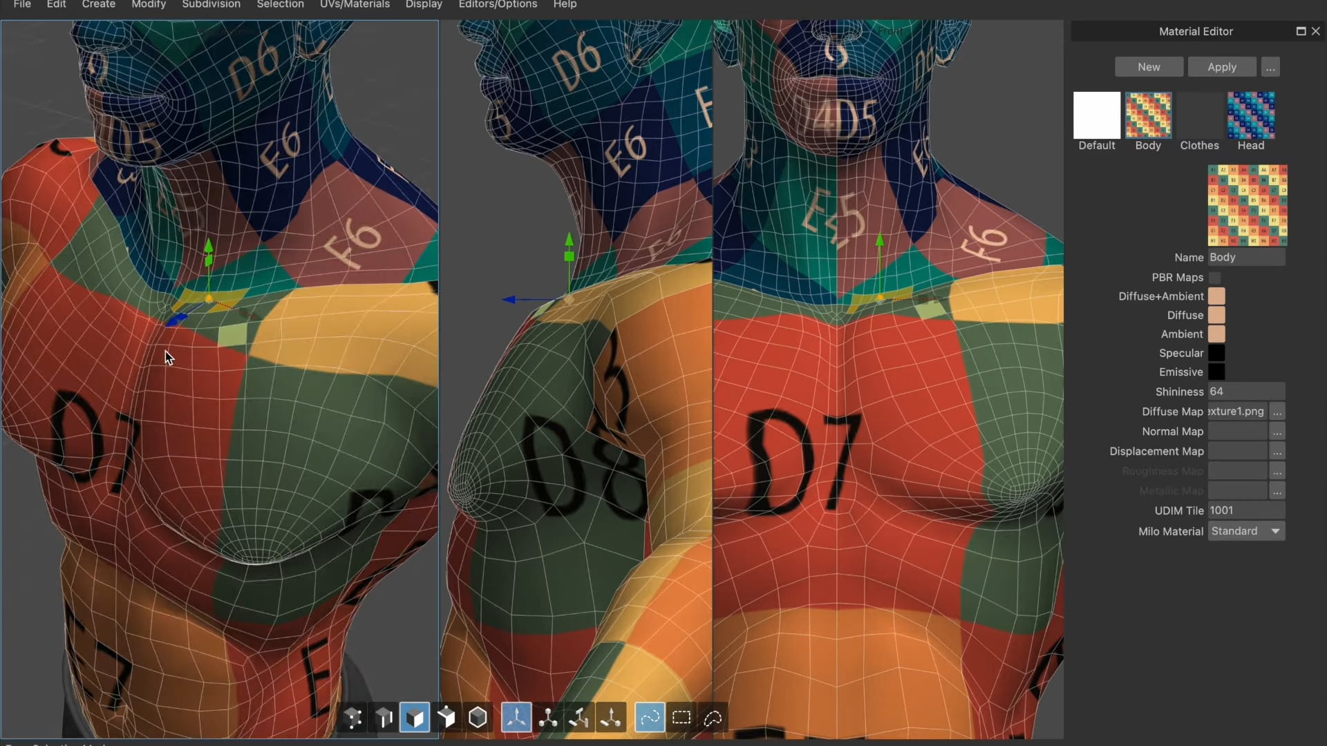 a closeup view of a 3d model depicting a muscular human torso the model is segmented with colorful patterns and numbers displaying a wireframe design the material editor panel is visible on the right showing various texture options and settings digital production A close-up view of a 3D model depicting a muscular human torso. The model is segmented with colorful patterns and numbers, displaying a wireframe design. The Material Editor panel is visible on the right, showing various texture options and settings.