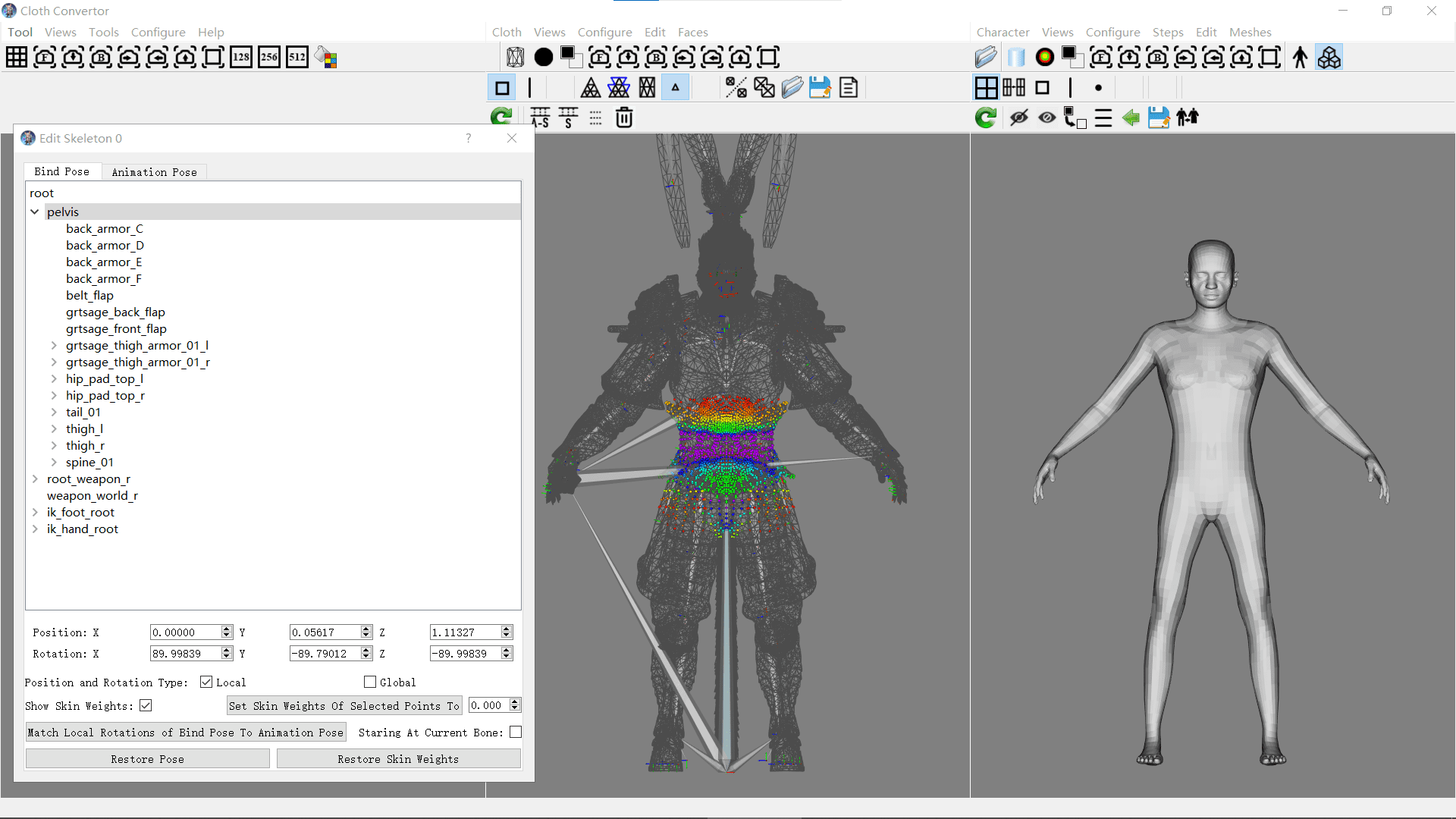 a computer interface displaying two panels the left side shows a characters rigging and customization options with a detailed control panel while the right side features a 3d model of a character in a dark armor with highlighted areas for adjustments digital production A computer interface displaying two panels: the left side shows a character's rigging and customization options with a detailed control panel, while the right side features a 3D model of a character in a dark armor with highlighted areas for adjustments.