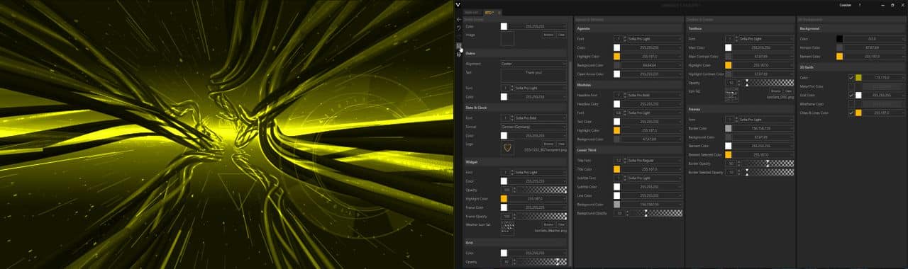 an abstract digital background featuring flowing yellow lines and shapes on the left alongside a dark interface showing design settings and color options on the right digital production An abstract digital background featuring flowing yellow lines and shapes on the left, alongside a dark interface showing design settings and color options on the right.