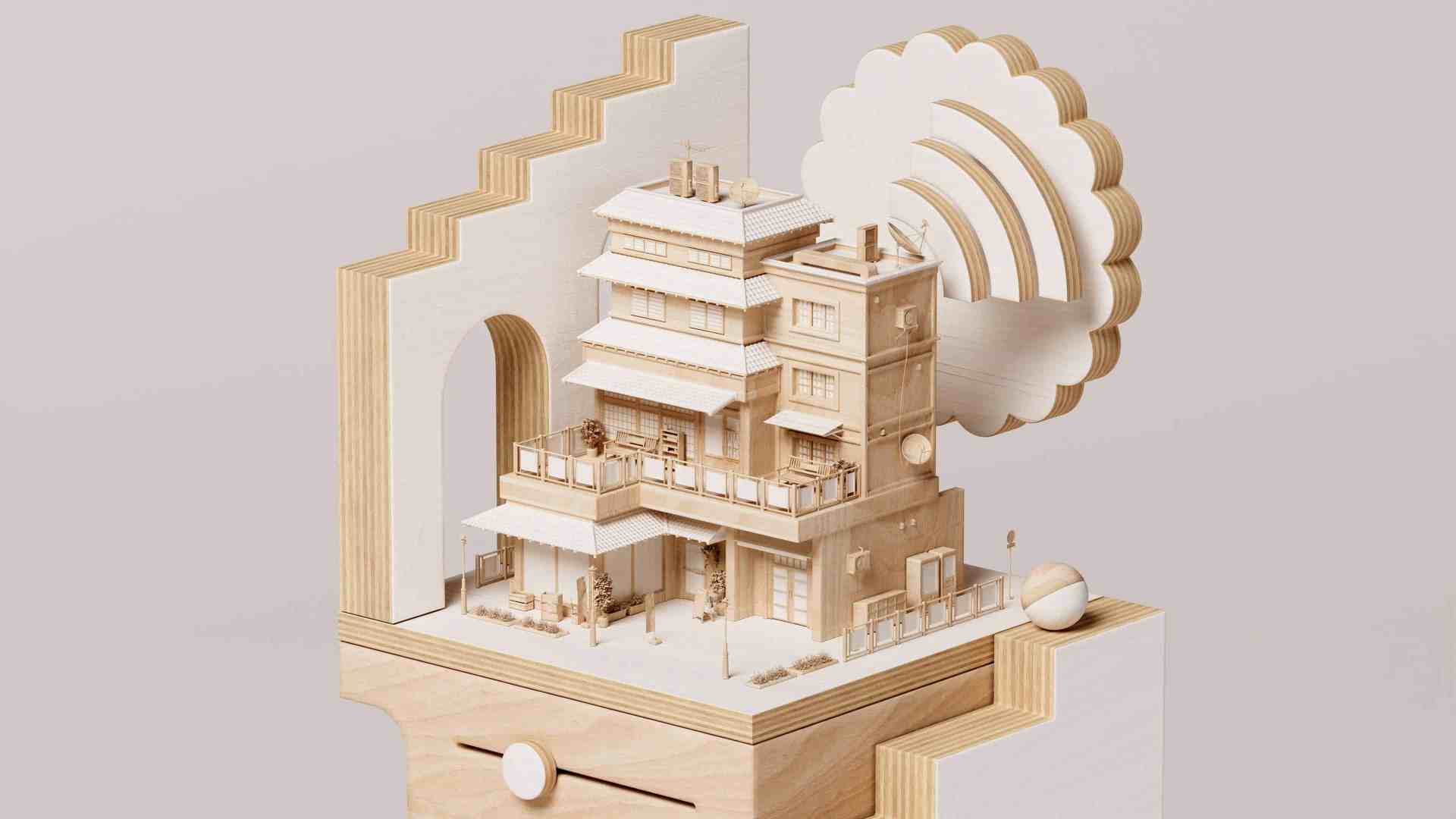 a detailed wooden architectural miniature of a multistory house surrounded by abstract wooden shapes in a light color palette the structure features balconies and various architectural elements showcasing craftsmanship digital production A detailed wooden architectural miniature of a multi-story house surrounded by abstract wooden shapes in a light color palette. The structure features balconies and various architectural elements, showcasing craftsmanship.