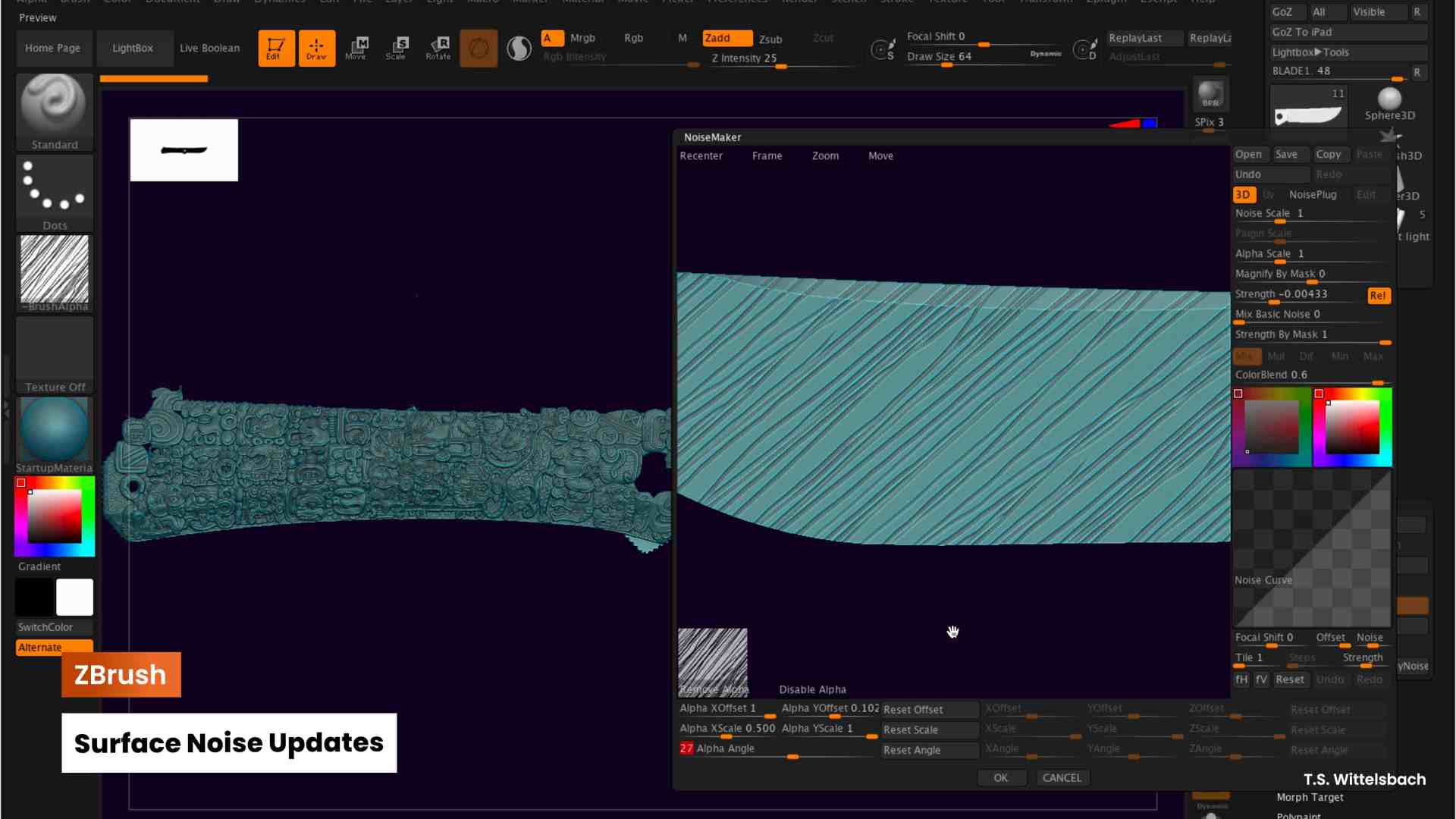 a digital interface of zbrush showing a 3d model with surface noise updates on the left a stylized knife blade is displayed while the right side features a detailed texture preview various tools and color options are visible in the background digital production A digital interface of ZBrush showing a 3D model with surface noise updates. On the left, a stylized knife blade is displayed, while the right side features a detailed texture preview. Various tools and color options are visible in the background.