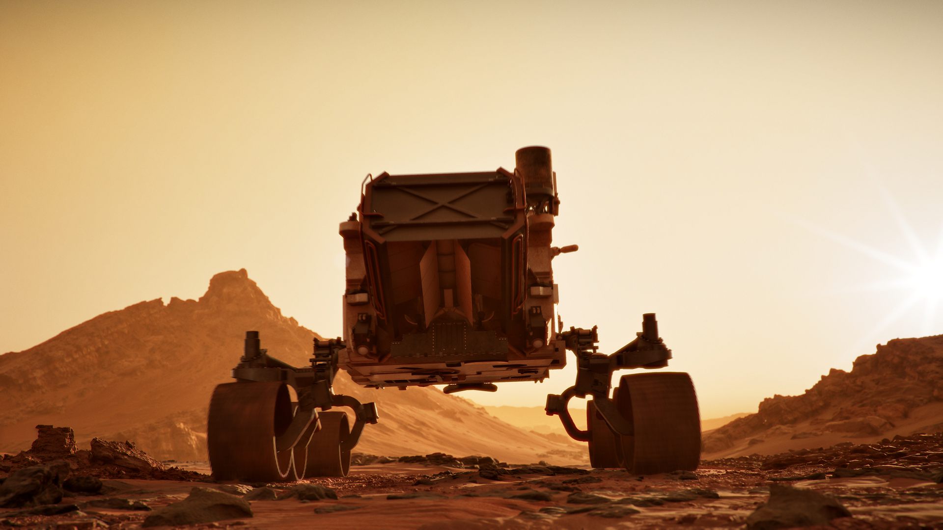 a mars rover navigating the rocky terrain with a backdrop of mountains under a soft orange sky the scene suggests a futuristic exploration of the martian landscape emphasizing the rugged beauty of the planet digital production A Mars rover navigating the rocky terrain, with a backdrop of mountains under a soft orange sky. The scene suggests a futuristic exploration of the Martian landscape, emphasizing the rugged beauty of the planet.