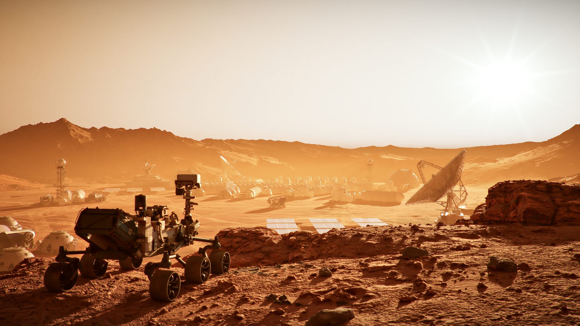 a mars rover positioned on a rocky red landscape with a sunlit horizon and various scientific instruments in the background including a large satellite dish and a domed structure digital production A Mars rover positioned on a rocky red landscape, with a sunlit horizon and various scientific instruments in the background, including a large satellite dish and a domed structure.