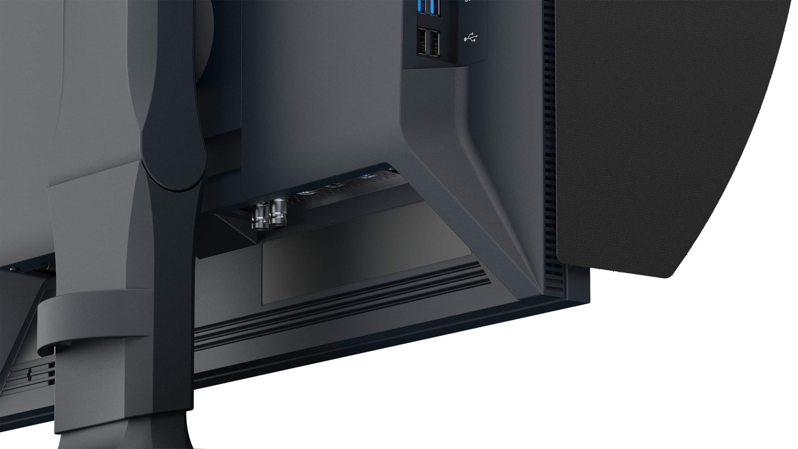 the back view of a computer monitor showcasing the mounting arm and various connectivity ports including usb outlets positioned against a sleek black background digital production The back view of a computer monitor showcasing the mounting arm and various connectivity ports including USB outlets, positioned against a sleek, black background.