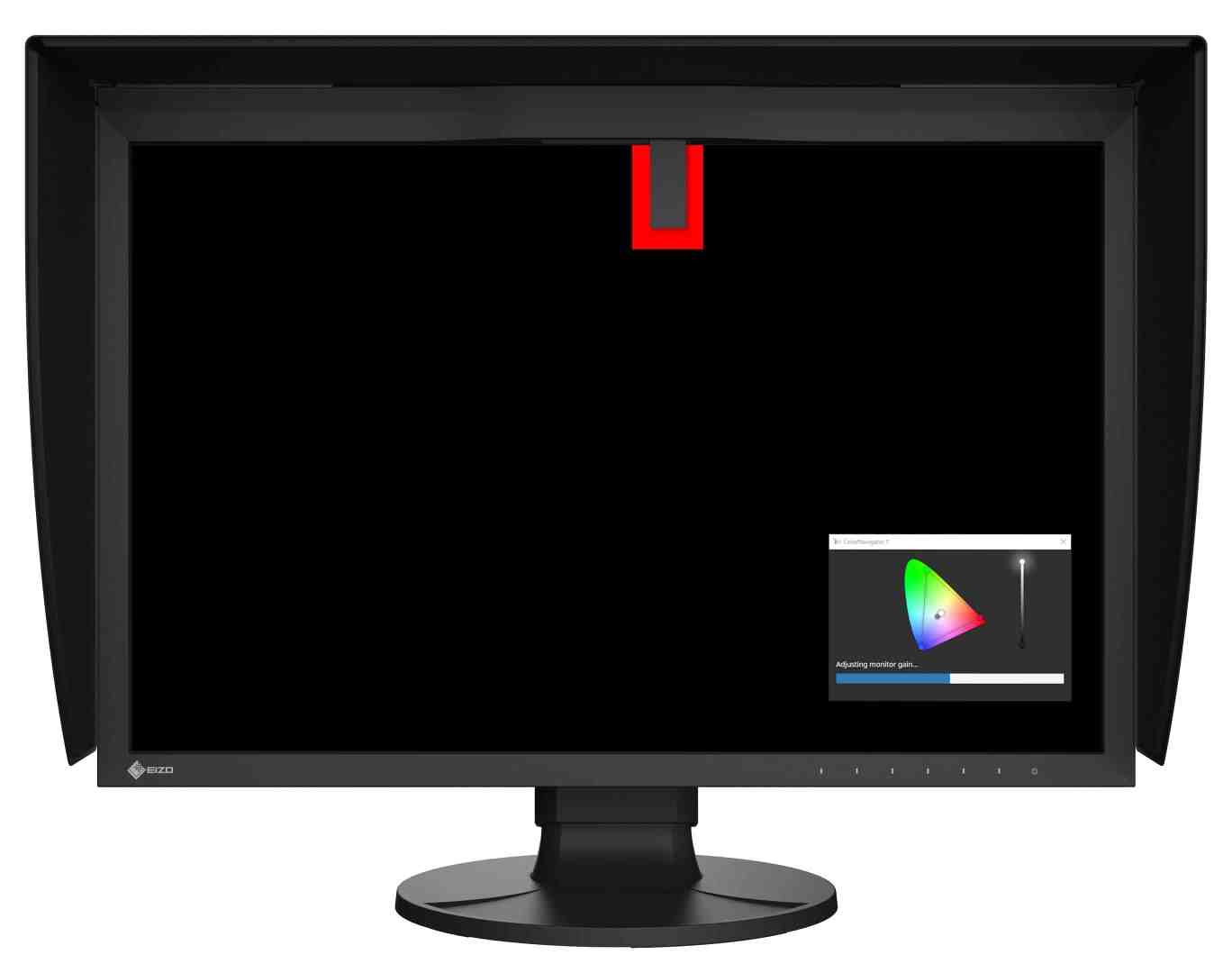 a computer monitor displaying a black screen with a red letter u in the center in the lower right corner there is a small inset showing a color spectrum chart and a brightness indicator digital production A computer monitor displaying a black screen with a red letter 'U' in the center. In the lower right corner, there is a small inset showing a color spectrum chart and a brightness indicator.