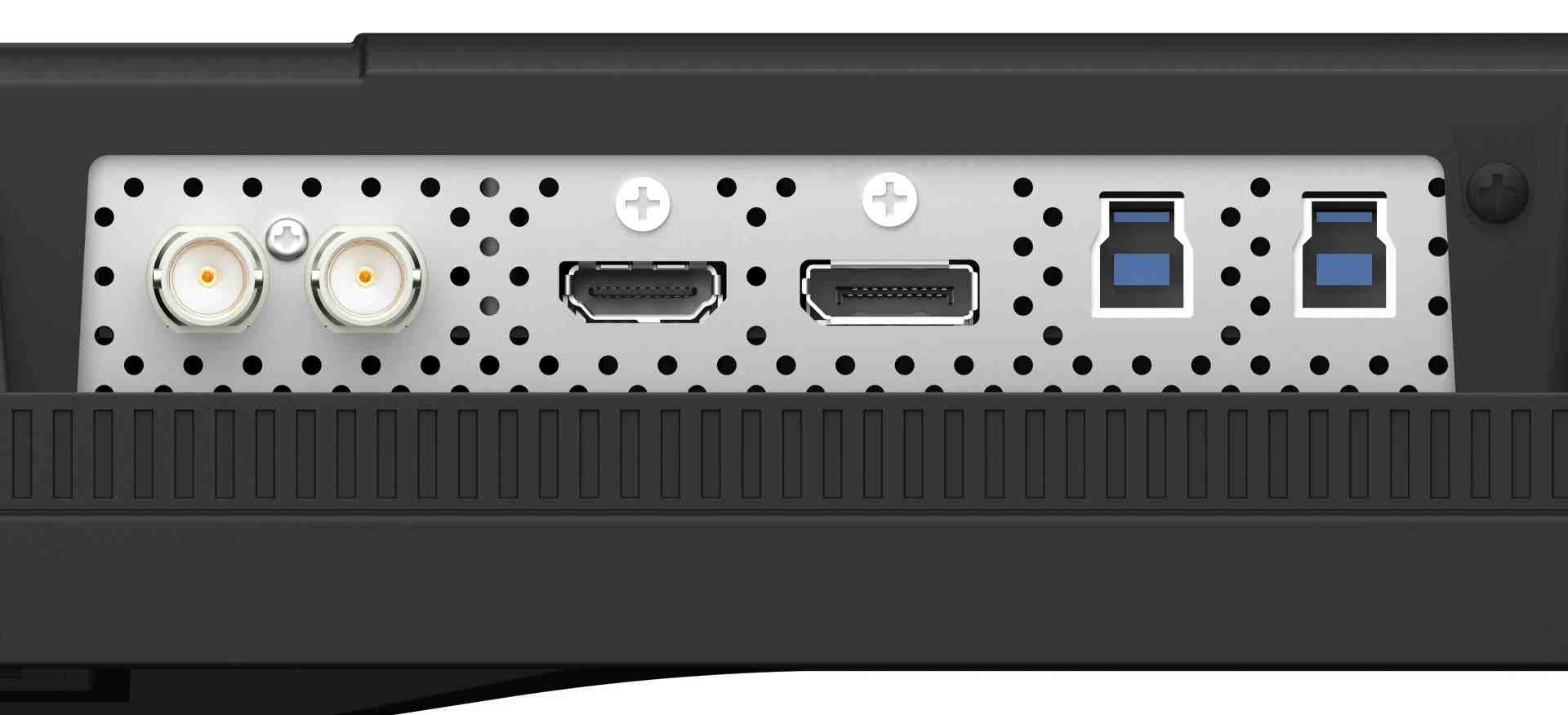 a closeup view of the back panel of an electronic device featuring various ports including two antenna connections a hdmi port a display port and two usb 30 ports all set against a dotted metal background digital production A close-up view of the back panel of an electronic device, featuring various ports including two antenna connections, a HDMI port, a display port, and two USB 3.0 ports, all set against a dotted metal background.