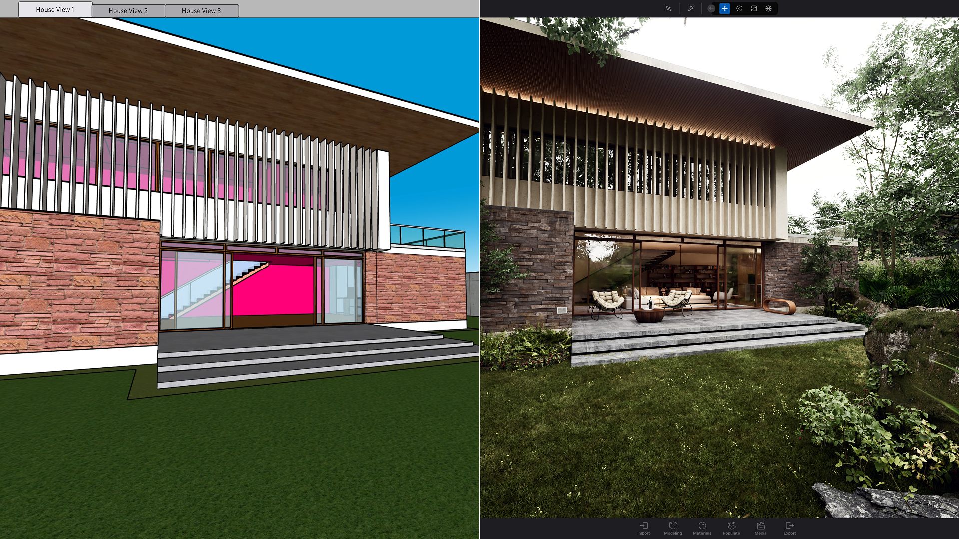 a digital rendering of a modern house design on the left featuring a bright pink accent and stone facade and a realistic view of the same house on the right surrounded by greenery and outdoor seating digital production A digital rendering of a modern house design on the left, featuring a bright pink accent and stone facade, and a realistic view of the same house on the right, surrounded by greenery and outdoor seating.