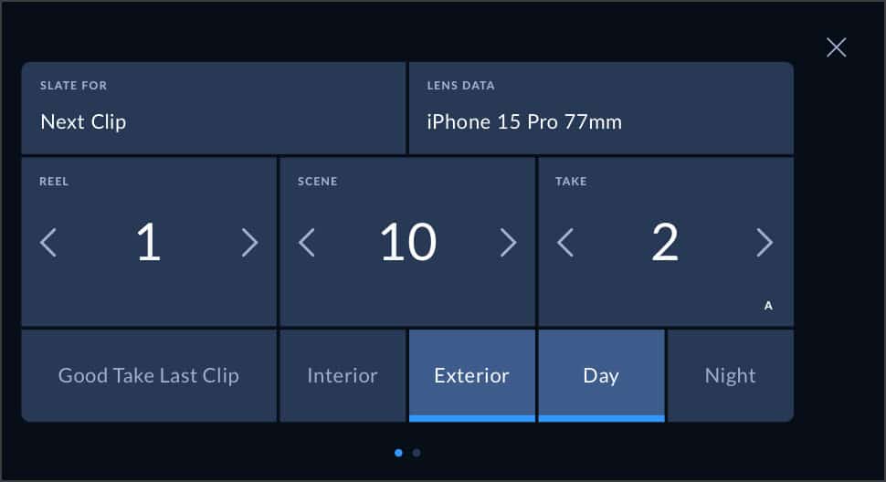 a digital slate display showing film production details including next clip as the title reel number 1 scene 10 and take 2 the lens data indicates an iphone 15 pro with a 77mm lens with options for exterior and day highlighted digital production A digital slate display showing film production details, including 'Next Clip' as the title, reel number 1, scene 10, and take 2. The lens data indicates an iPhone 15 Pro with a 77mm lens, with options for 'Exterior' and 'Day' highlighted.