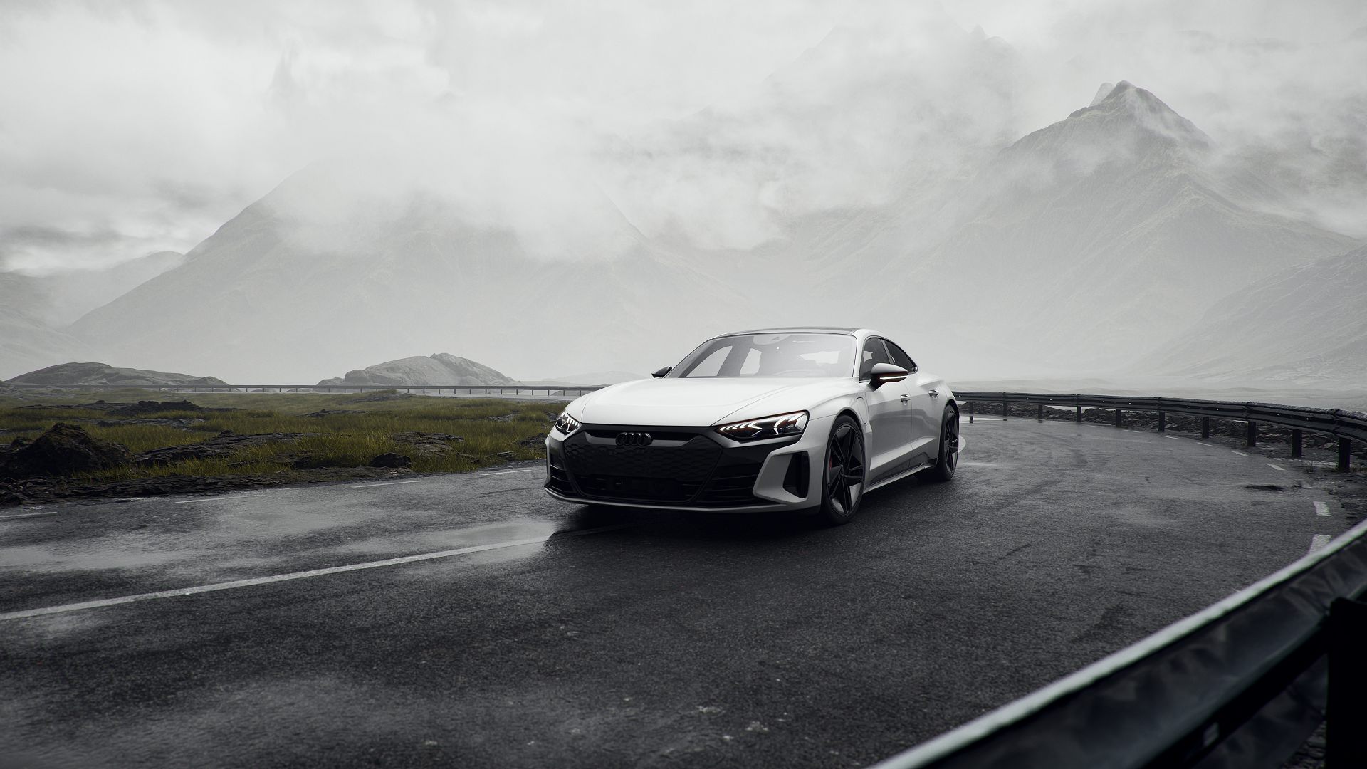 a sleek modern car parked on a wet road surrounded by misty mountains and overcast skies the vehicles glossy finish reflects the gray surroundings creating a dramatic contrast with the lush green landscape digital production A sleek, modern car parked on a wet road, surrounded by misty mountains and overcast skies. The vehicle's glossy finish reflects the gray surroundings, creating a dramatic contrast with the lush green landscape.