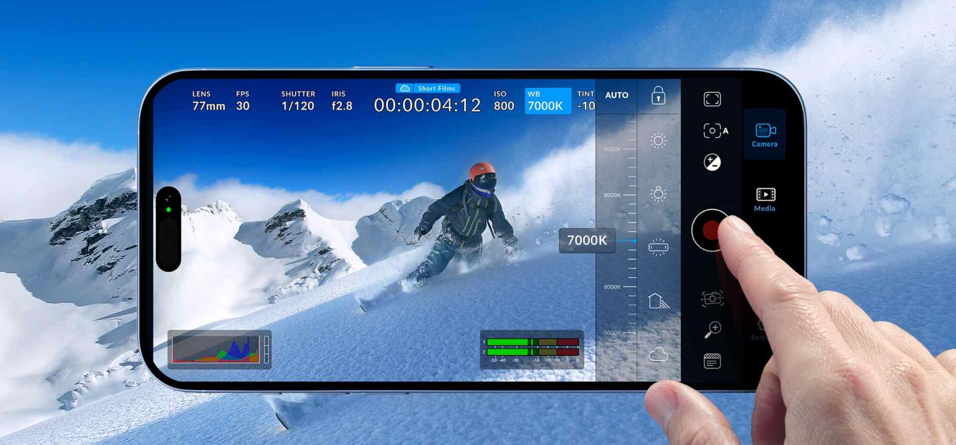 a closeup of a smartphone displaying a skiing video recording interface the screen shows a person skiing down snowcovered slopes against a backdrop of majestic mountains with various camera settings visible on the display digital production A close-up of a smartphone displaying a skiing video recording interface. The screen shows a person skiing down snow-covered slopes against a backdrop of majestic mountains, with various camera settings visible on the display.