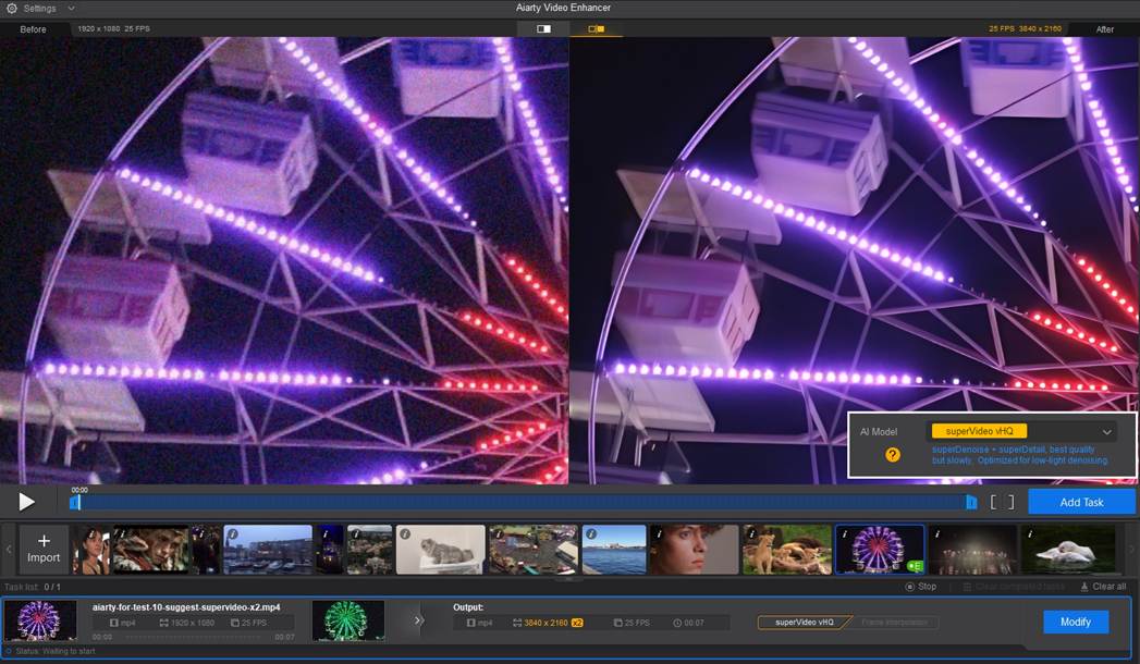 a sidebyside comparison of a ferris wheel at night showcasing one image with vibrant colored lights and improved clarity while the other appears dimmer and less defined highlighting video enhancement software features digital production A side-by-side comparison of a ferris wheel at night, showcasing one image with vibrant colored lights and improved clarity, while the other appears dimmer and less defined, highlighting video enhancement software features.