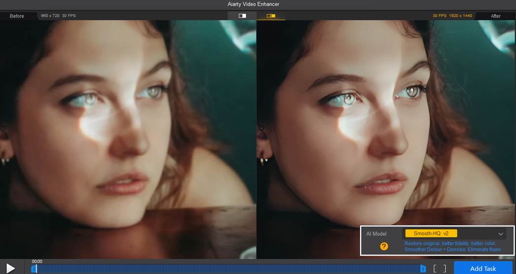 a closeup of a womans face with one side showing the original image and the other side enhanced revealing clearer features and brighter eyes the womans hair cascades around her shoulders and sunlight casts a soft glow on her skin digital production A close-up of a woman's face, with one side showing the original image and the other side enhanced, revealing clearer features and brighter eyes. The woman's hair cascades around her shoulders, and sunlight casts a soft glow on her skin.