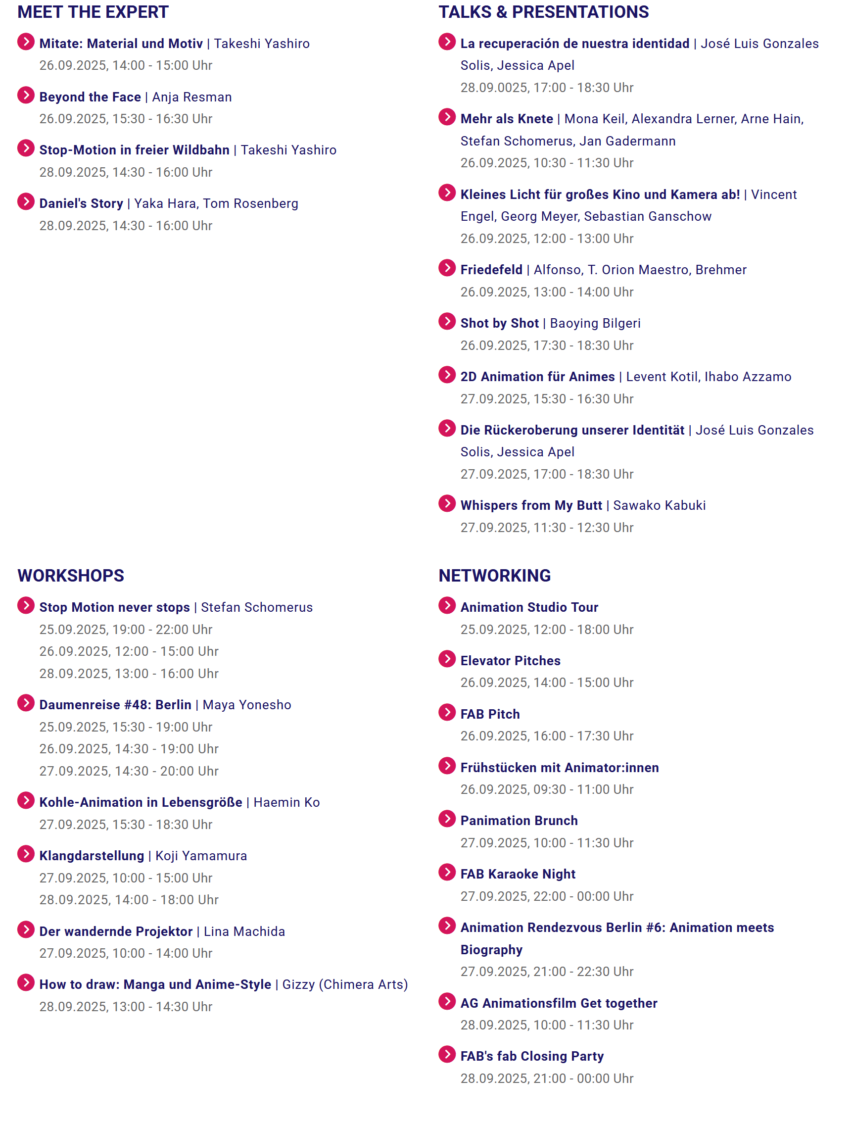 a schedule of events featuring workshops talks and presentations with multiple sessions led by various experts including names like anja rehsmann and takashi yashiro organized by date and time digital production A schedule of events featuring workshops, talks, and presentations, with multiple sessions led by various experts, including names like Anja Rehsmann and Takashi Yashiro, organized by date and time.