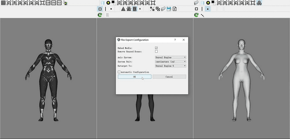 a software interface displaying a 3d model configuration window on the left a black figure with detail overlays in the center an export configuration dialog box with options for model details and on the right a white figure without overlays digital production A software interface displaying a 3D model configuration window. On the left, a black figure with detail overlays; in the center, an export configuration dialog box with options for model details; and on the right, a white figure without overlays.