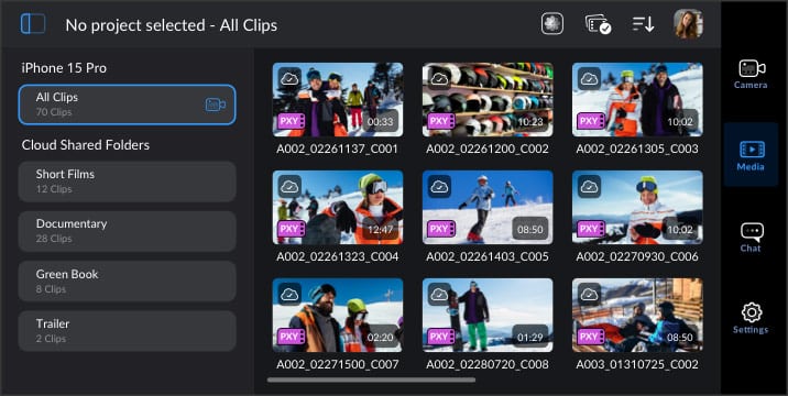 a user interface displaying various video clips organized by categories on a device thumbnails show people in winter attire and snow sports scenes with titles and durations listed the sidebar includes folder options like short films and documentary digital production A user interface displaying various video clips organized by categories on a device. Thumbnails show people in winter attire and snow sports scenes, with titles and durations listed. The sidebar includes folder options like Short Films and Documentary.