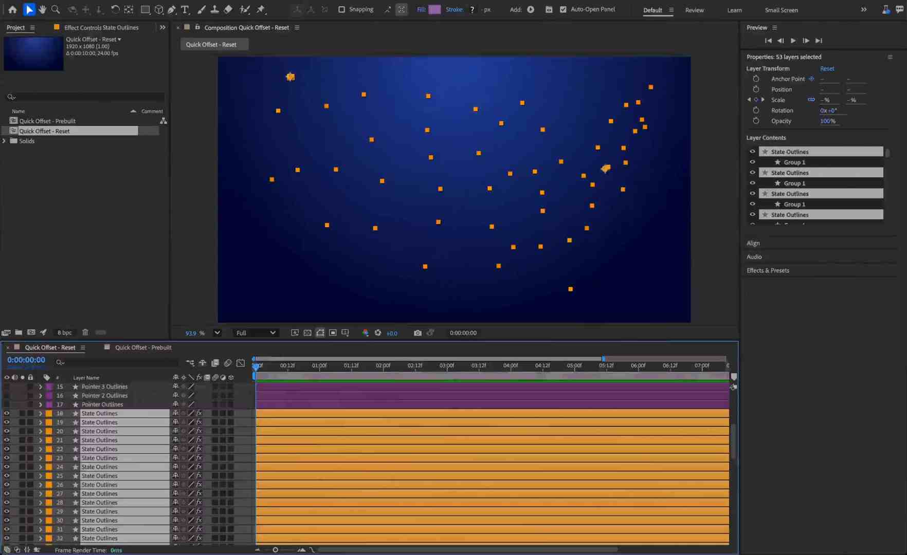 an editing interface showing a digital animation project in software with a dark blue background dotted with small orange shapes the timeline and layers are visible at the bottom indicating the projects structure digital production An editing interface showing a digital animation project in software with a dark blue background dotted with small orange shapes. The timeline and layers are visible at the bottom, indicating the project's structure.