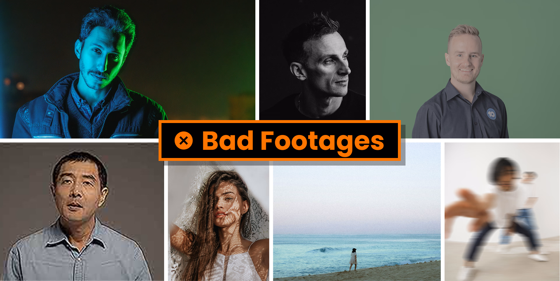 a collage featuring six headshots of men and women some in serious expressions and some smiling centered text reads bad footages in bold orange against a black background digital production A collage featuring six headshots of men and women, some in serious expressions and some smiling. Centered text reads 'Bad Footages' in bold orange against a black background.