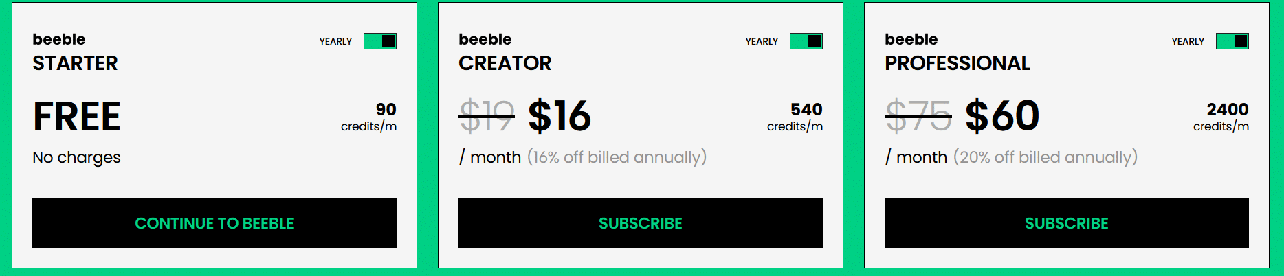 pricing plans for beeble displayed in three cards starter plan marked as free with 0 credits creator plan at per month with 540 credits professional plan at per month with 2400 credits each card includes subscription buttons digital production Pricing plans for Beeble displayed in three cards: STARTER plan marked as free, with 0 credits; CREATOR plan at per month with 540 credits; PROFESSIONAL plan at per month with 2400 credits. Each card includes subscription buttons.