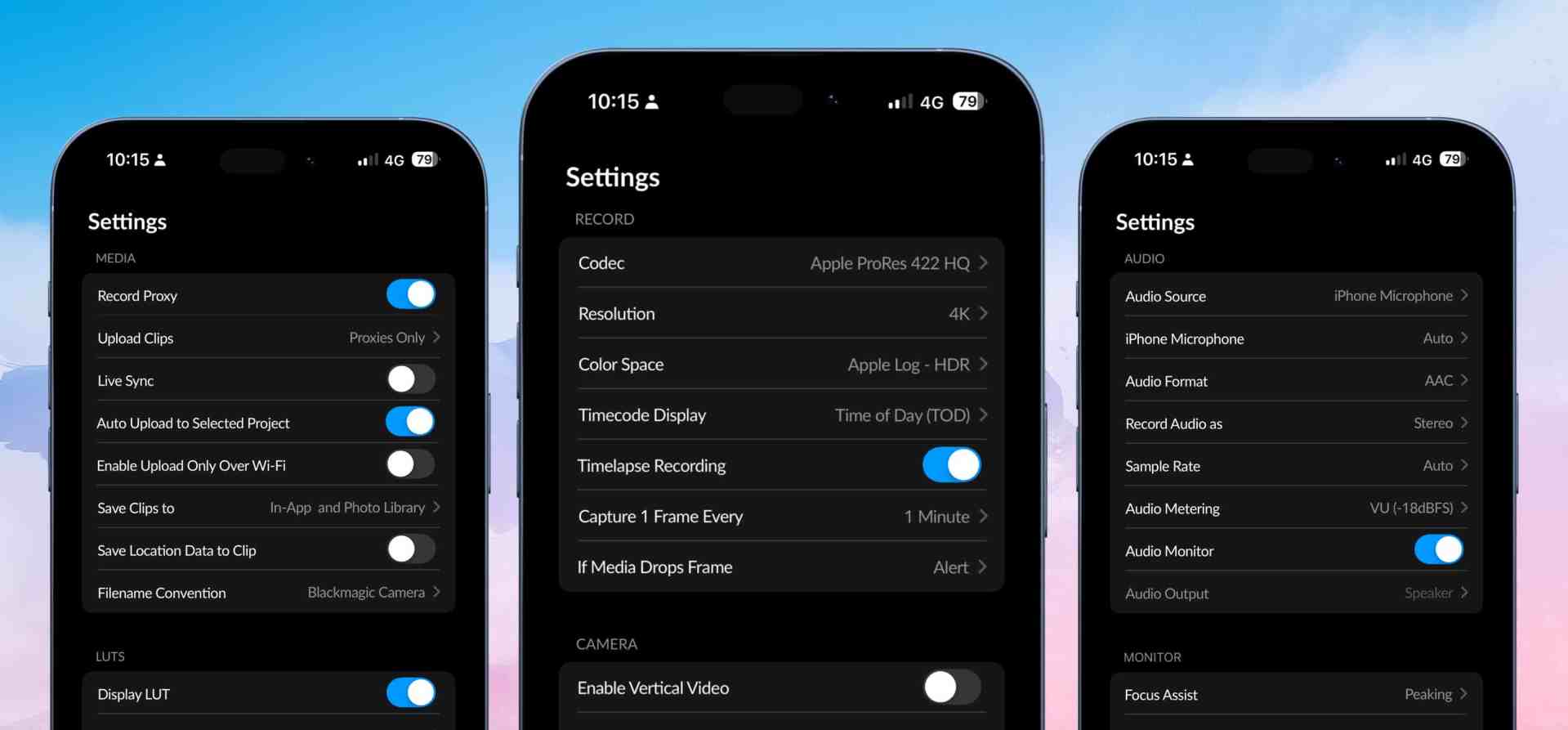three smartphones displaying a settings menu with various options including recording options resolution and audio settings the screens feature a dark mode interface with toggle switches and dropdown menus digital production Three smartphones displaying a settings menu with various options, including recording options, resolution, and audio settings. The screens feature a dark mode interface with toggle switches and drop-down menus.