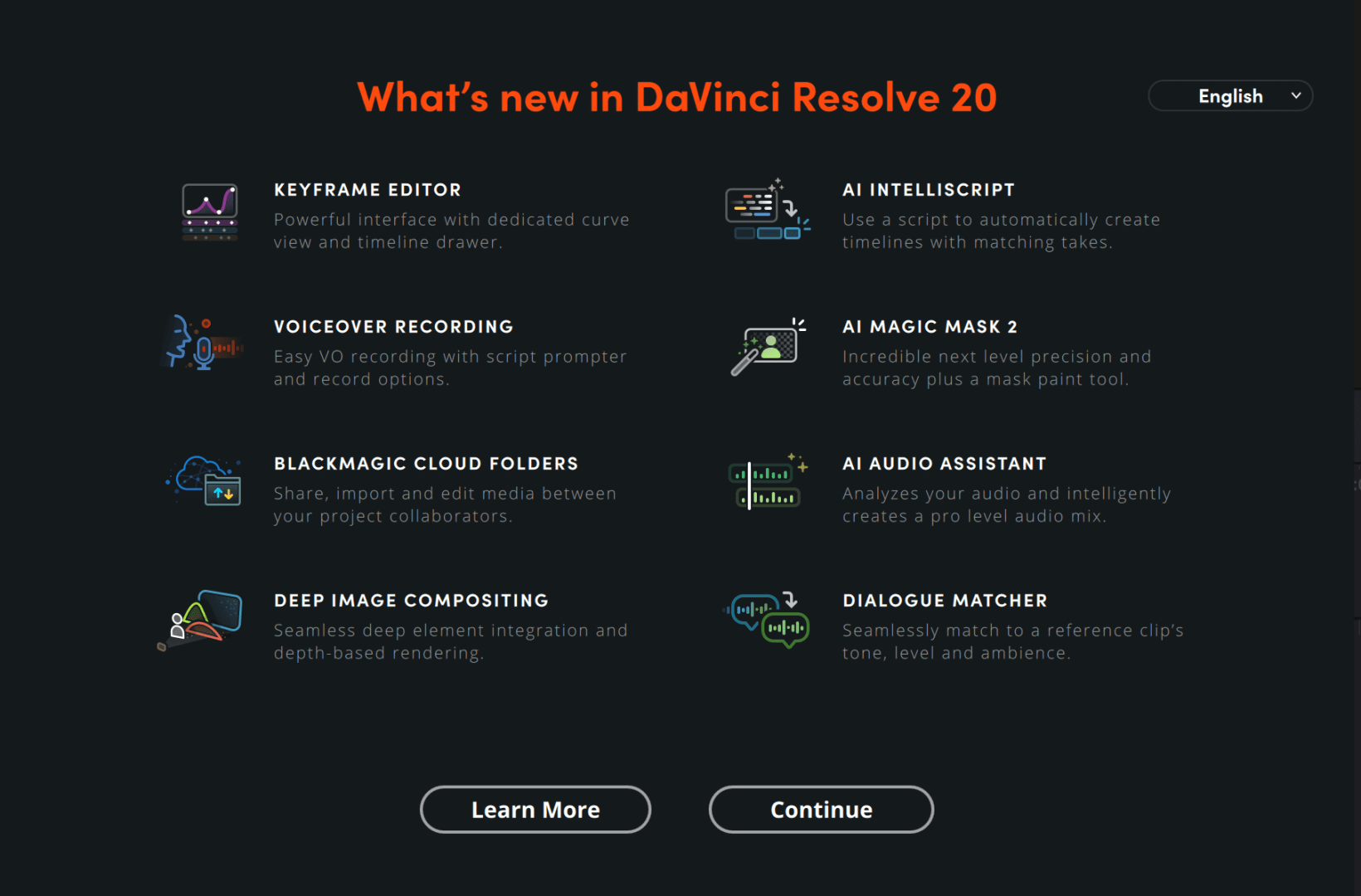 an interface showing new features in davinci resolve 20 including icons and brief descriptions for keyframe editor voiceover recording ai magic mask and more against a dark background options to learn more or continue are at the bottom digital production An interface showing new features in DaVinci Resolve 20, including icons and brief descriptions for keyframe editor, voiceover recording, AI magic mask, and more against a dark background. Options to learn more or continue are at the bottom.