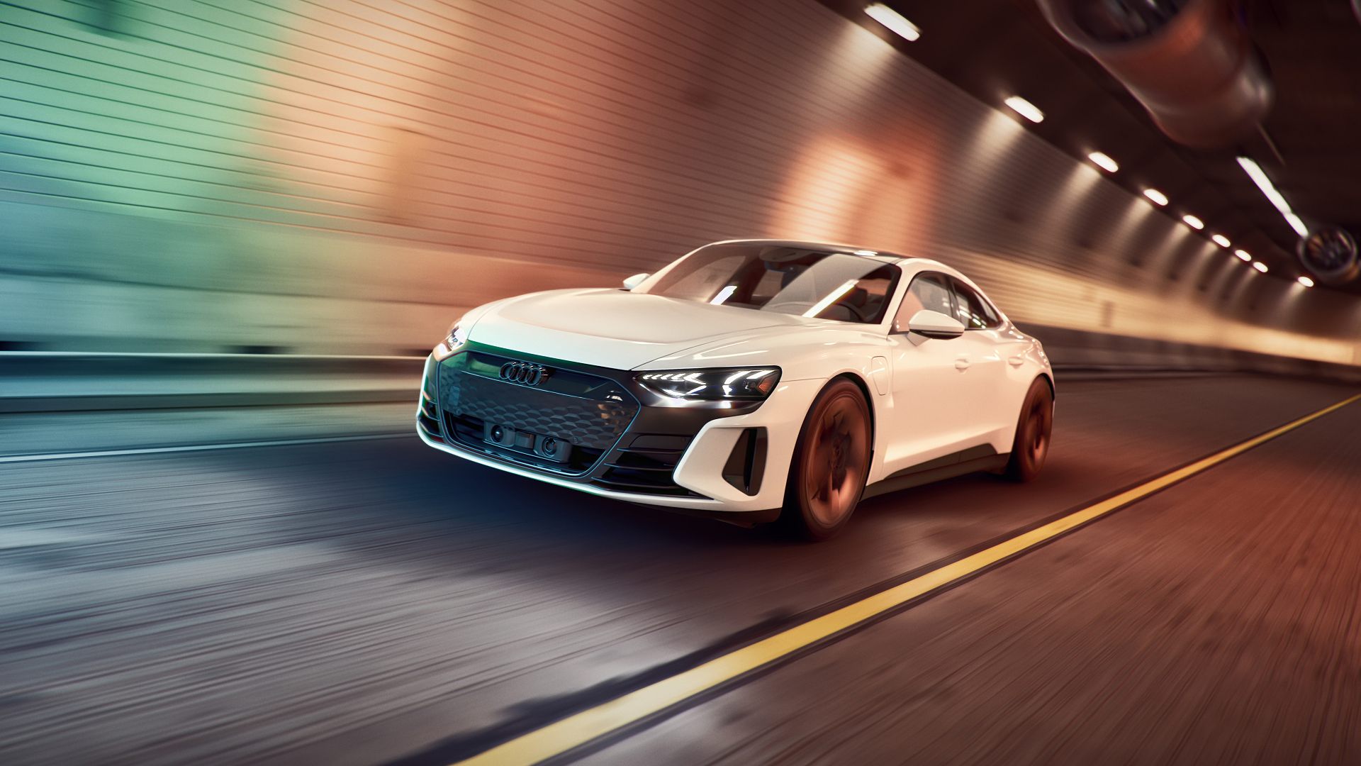 a sleek white audi sports sedan speeding through a modern tunnel showcasing its aerodynamic design and shining wheels with colorful lighting illuminating the tunnel walls digital production A sleek white Audi sports sedan speeding through a modern tunnel, showcasing its aerodynamic design and shining wheels, with colorful lighting illuminating the tunnel walls.