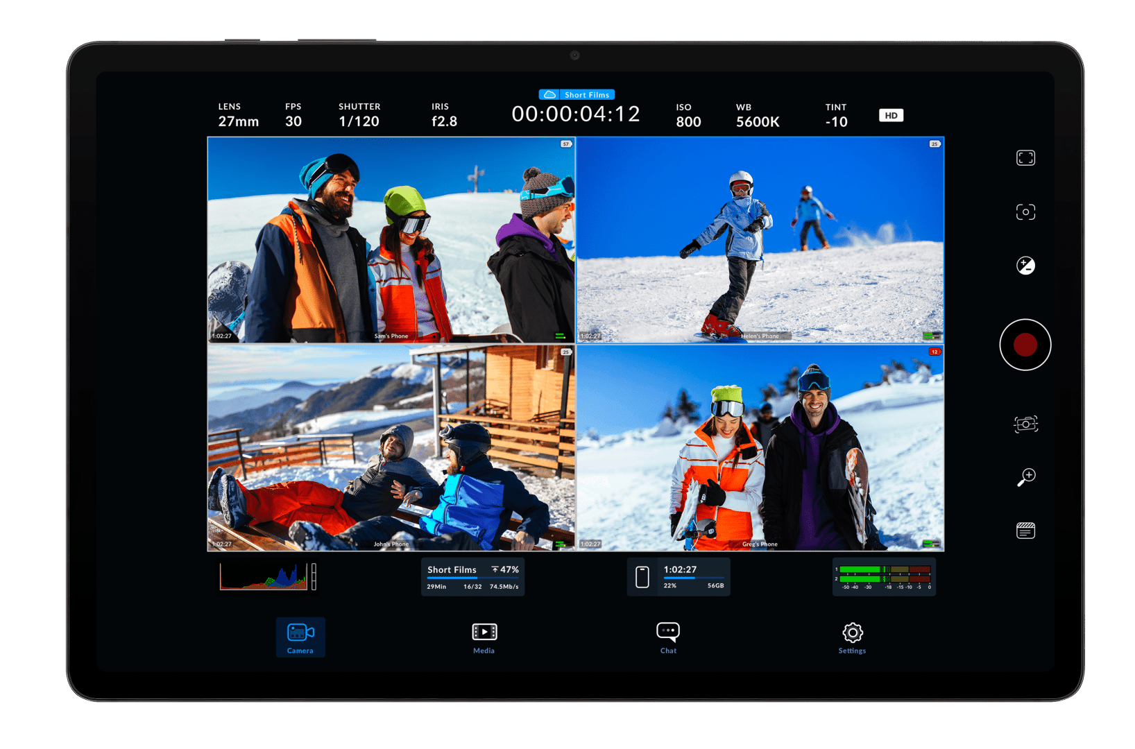 a digital display showing a grid of six video feeds from a winter sports activity featured scenes include skiers on snowy slopes people in colorful jackets and a snowy mountain backdrop camera settings are visible on the interface digital production A digital display showing a grid of six video feeds from a winter sports activity. Featured scenes include skiers on snowy slopes, people in colorful jackets, and a snowy mountain backdrop. Camera settings are visible on the interface.