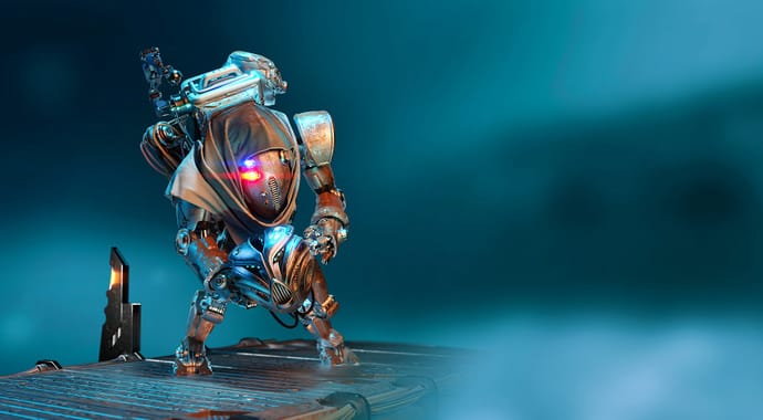 a futuristic robot standing confidently on a metal platform equipped with a glowing red eye and holding a weapon the backdrop is a blurred gradient of blue tones enhancing the robots metallic features digital production A futuristic robot standing confidently on a metal platform, equipped with a glowing red eye and holding a weapon. The backdrop is a blurred gradient of blue tones, enhancing the robot's metallic features.