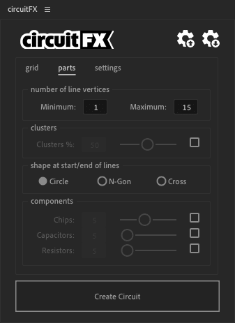 a user interface for a circuit design tool named circuitfx the panel includes options to adjust the number of line vertices clusters percentage and shape at line ends with sliders and checkboxes for selecting components like chips capacitors and resistors digital production A user interface for a circuit design tool named 'circuitFX'. The panel includes options to adjust the number of line vertices, clusters percentage, and shape at line ends, with sliders and checkboxes for selecting components like chips, capacitors, and resistors.