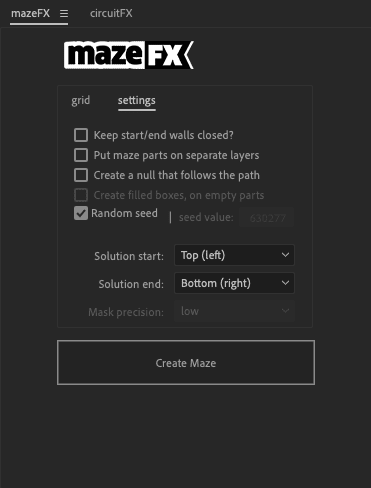 user interface of a maze creation tool displaying options such as grid settings random seed feature solution start and end points and a button to create the maze against a dark background digital production User interface of a maze creation tool displaying options such as grid settings, random seed feature, solution start and end points, and a button to create the maze against a dark background.