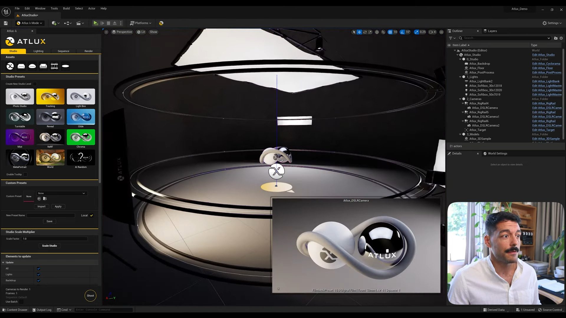 a 3d rendering software interface displays a circular platform with a stylized logo in the center while a closeup image of a logo is shown on the side a man with facial hair is visible looking at the screen with a minimalist background digital production A 3D rendering software interface displays a circular platform with a stylized logo in the center, while a close-up image of a logo is shown on the side. A man with facial hair is visible, looking at the screen, with a minimalist background.