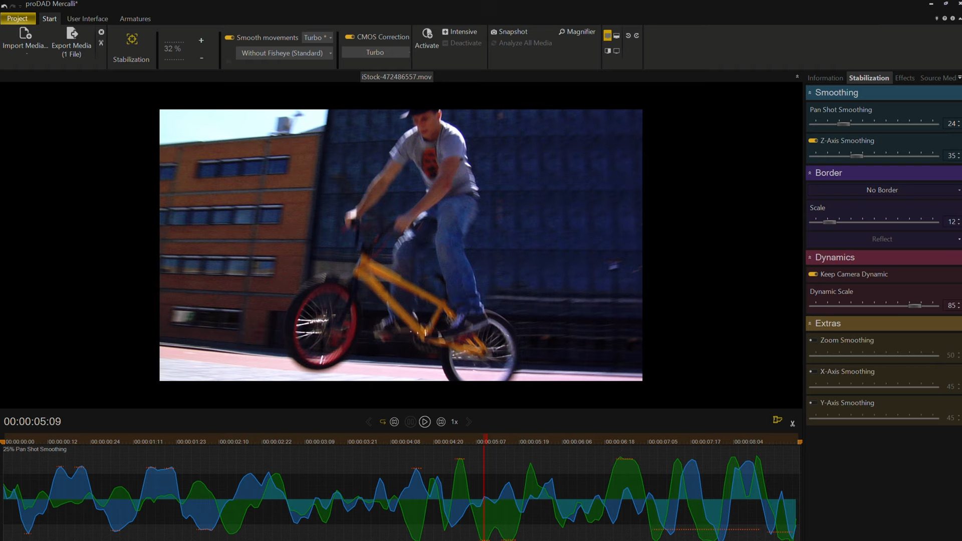 a person performing a trick on a yellow bmx bike captured midair against a backdrop of urban buildings below a timeline and audio waveform display indicating video editing software digital production A person performing a trick on a yellow BMX bike, captured mid-air against a backdrop of urban buildings. Below, a timeline and audio waveform display indicating video editing software.