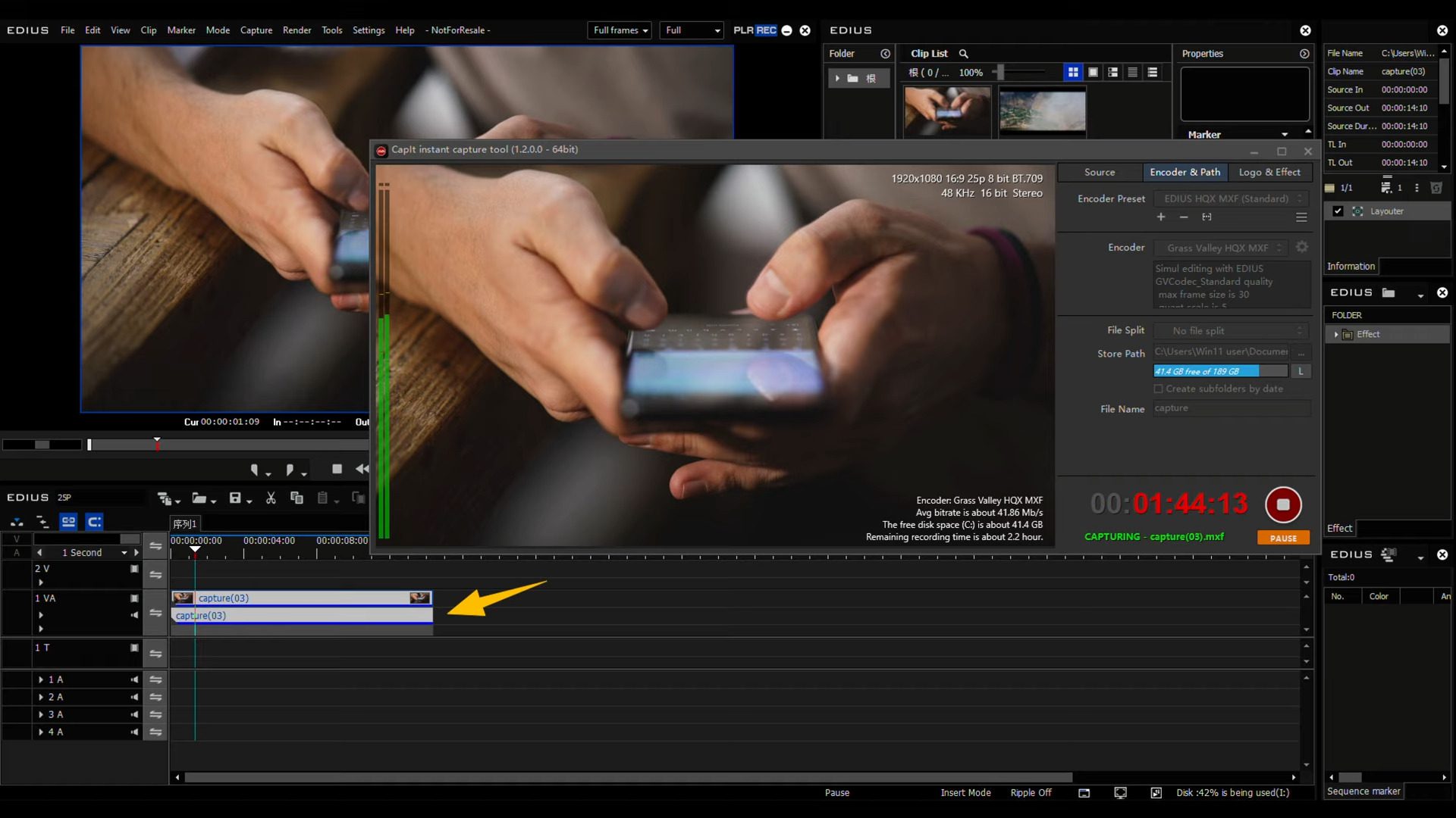 closeup of hands holding a smartphone with a video editing software interface visible on a computer screen the software displays a timeline with an arrow pointing to a specific segment indicating editing in progress digital production Close-up of hands holding a smartphone, with a video editing software interface visible on a computer screen. The software displays a timeline with an arrow pointing to a specific segment, indicating editing in progress.