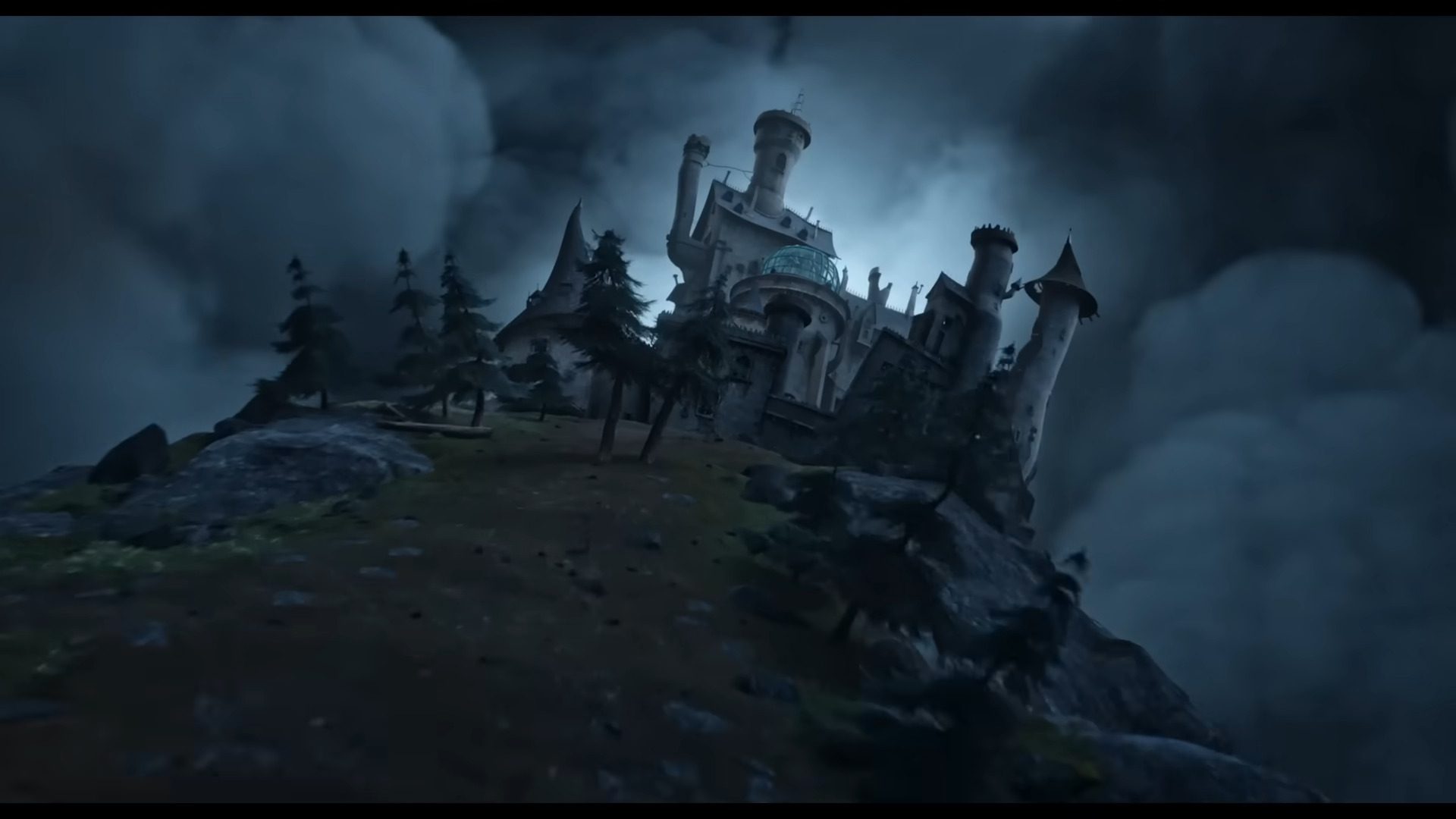 a towering medieval castle rests atop a rocky hill surrounded by dark ominous clouds the structure features various spires and turrets creating a dramatic silhouette against the stormy sky while dark evergreen trees dot the landscape digital production A towering medieval castle rests atop a rocky hill, surrounded by dark, ominous clouds. The structure features various spires and turrets, creating a dramatic silhouette against the stormy sky, while dark evergreen trees dot the landscape.
