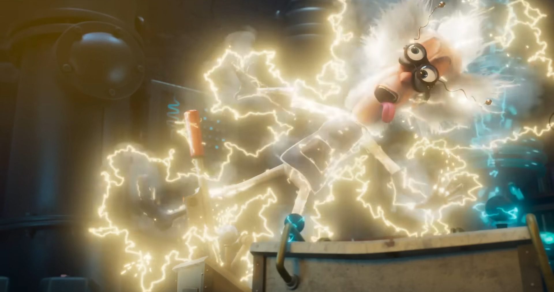 an animated scientist with wild white hair and glasses is surrounded by bright yellow lightning bolts standing in an energetic pose while wearing a lab coat the background features industrial machinery digital production An animated scientist with wild white hair and glasses is surrounded by bright yellow lightning bolts, standing in an energetic pose while wearing a lab coat. The background features industrial machinery.
