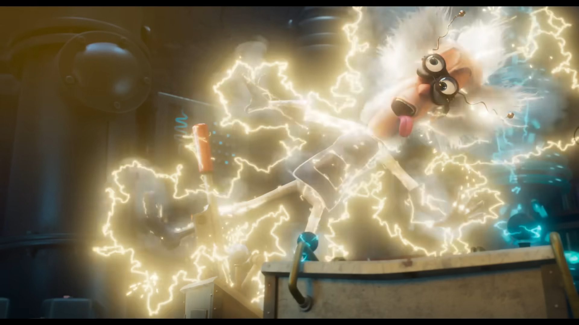 an animated scientist with wild white hair and glasses is surrounded by bright yellow lightning bolts standing in an energetic pose while wearing a lab coat the background features industrial machinery digital production An animated scientist with wild white hair and glasses is surrounded by bright yellow lightning bolts, standing in an energetic pose while wearing a lab coat. The background features industrial machinery.