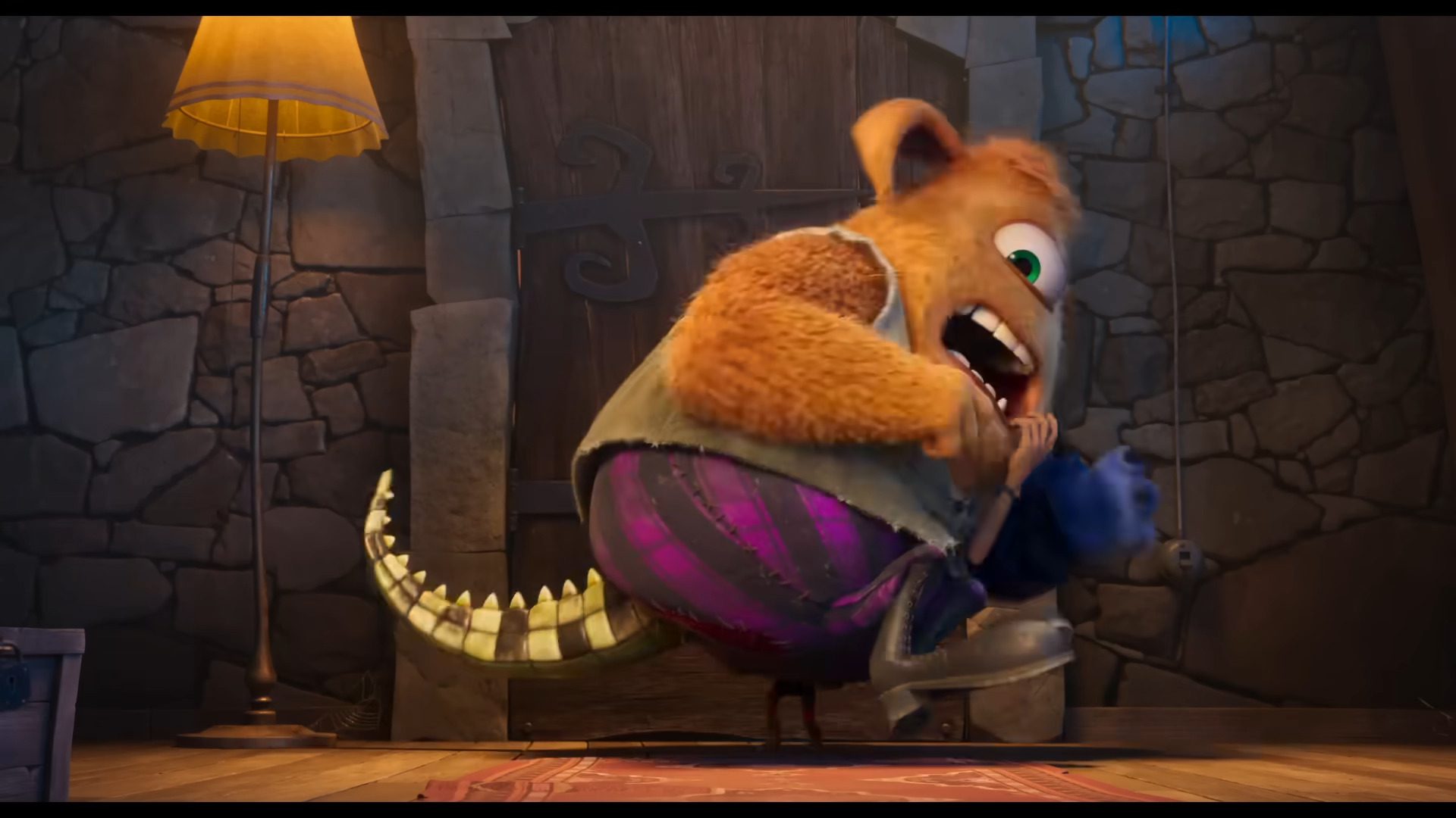 a cartoon character with orange fur large eyes and a long striped tail wearing a vest and purple striped pants is sitting on the floor the character appears to be animated and interacts with a small blue object in a cozy stonewalled room with a lamp digital production A cartoon character with orange fur, large eyes, and a long, striped tail, wearing a vest and purple striped pants, is sitting on the floor. The character appears to be animated and interacts with a small blue object in a cozy, stone-walled room with a lamp.