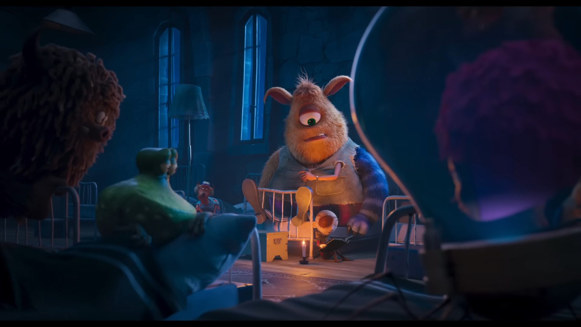 a whimsical scene in a dimly lit room featuring a large furry creature sitting on a bed gazing thoughtfully at a small flame in a lantern two other playful monsters observe him from their beds surrounded by various colorful furnishings digital production A whimsical scene in a dimly lit room featuring a large, furry creature sitting on a bed, gazing thoughtfully at a small flame in a lantern. Two other playful monsters observe him from their beds, surrounded by various colorful furnishings.