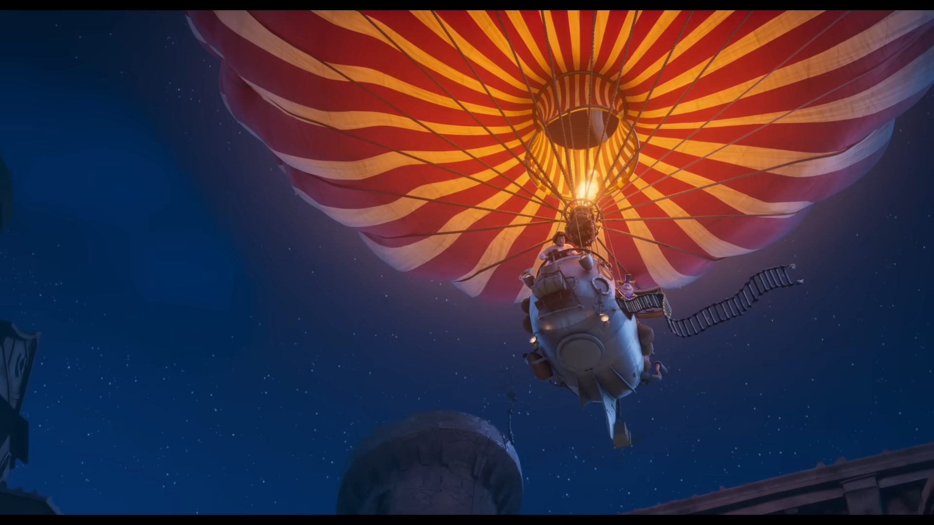 a whimsical hot air balloon with a large red and white striped canopy ascending against a nighttime sky filled with stars the balloon is attached to a vintagestyle flying machine and a ladder hangs from its side digital production A whimsical hot air balloon with a large, red and white striped canopy ascending against a nighttime sky filled with stars. The balloon is attached to a vintage-style flying machine and a ladder hangs from its side.