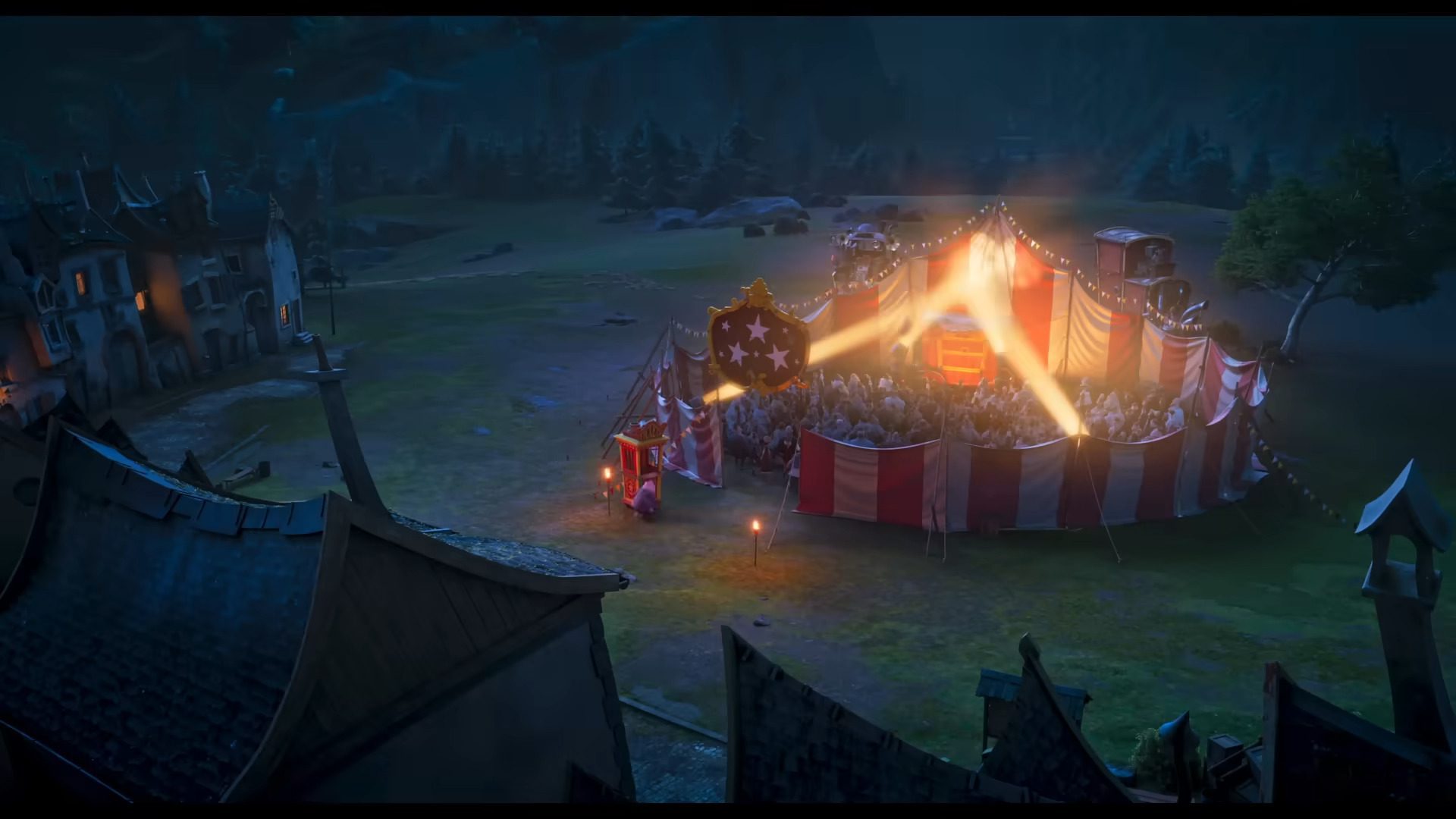 a vibrant circus scene illuminated by dramatic spotlights at night featuring colorful striped tents and a large crowd gathered in front of the main tent surrounding the scene are dark silhouettes of nearby buildings under a starry sky digital production A vibrant circus scene illuminated by dramatic spotlights at night, featuring colorful striped tents and a large crowd gathered in front of the main tent. Surrounding the scene are dark silhouettes of nearby buildings under a starry sky.