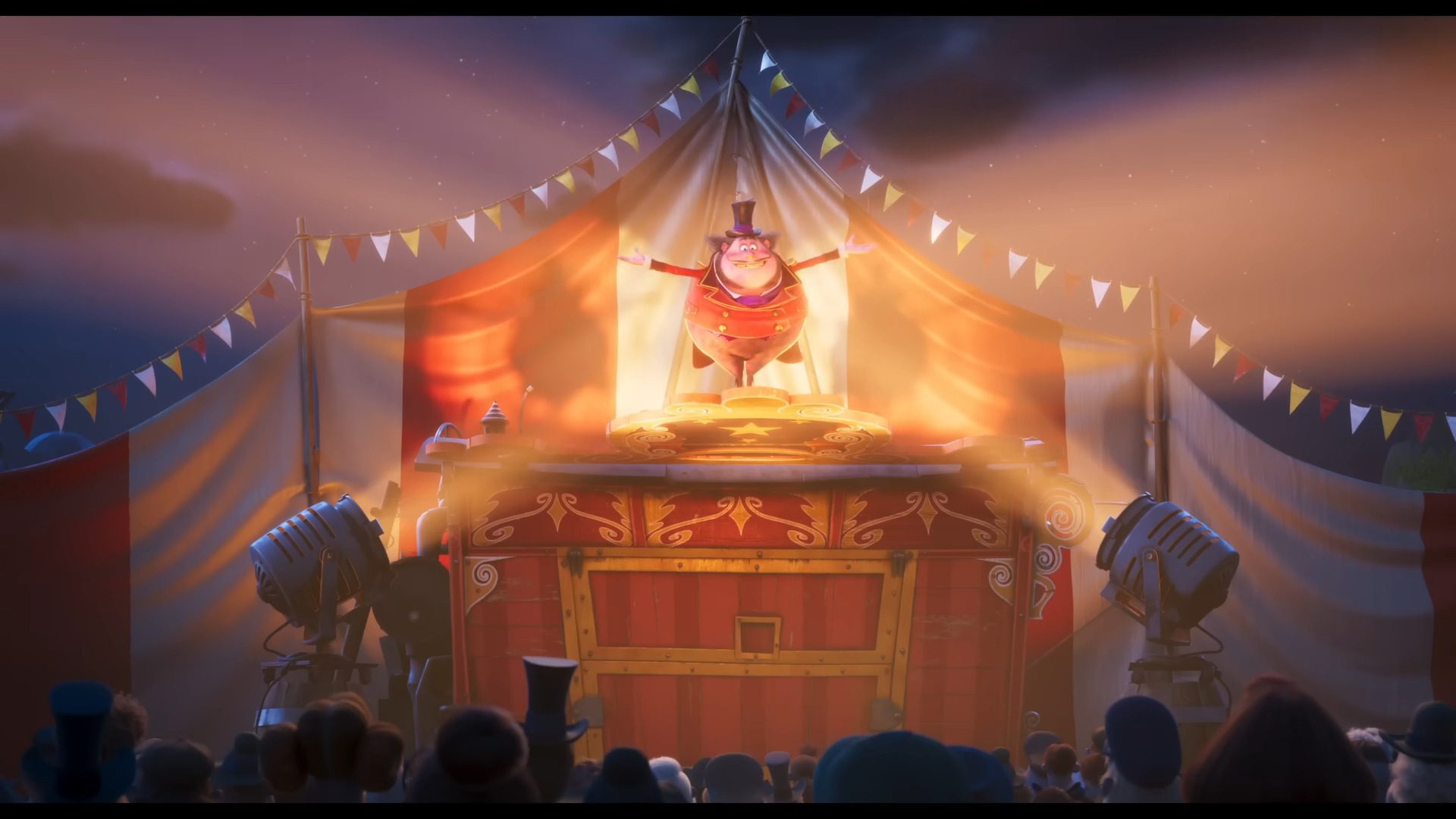 a vibrant circus scene featuring a central redandwhite tent illuminated with bright stage lights a confident figure in a red outfit stands on stage arms outstretched while an audience of diverse characters watches eagerly from below digital production A vibrant circus scene featuring a central red-and-white tent illuminated with bright stage lights. A confident figure in a red outfit stands on stage, arms outstretched, while an audience of diverse characters watches eagerly from below.