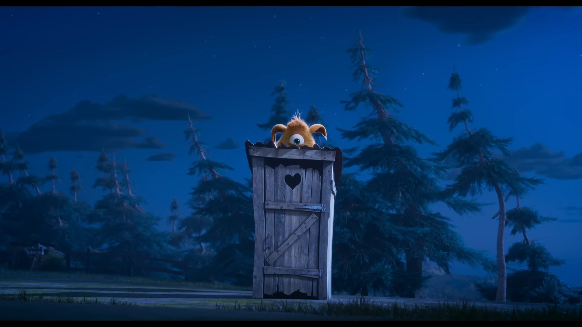 a cartoon dog peeks over the top of a wooden outhouse at night with trees in the background under a starry sky the outhouse has a heartshaped cutout on the door digital production A cartoon dog peeks over the top of a wooden outhouse at night, with trees in the background under a starry sky. The outhouse has a heart-shaped cutout on the door.