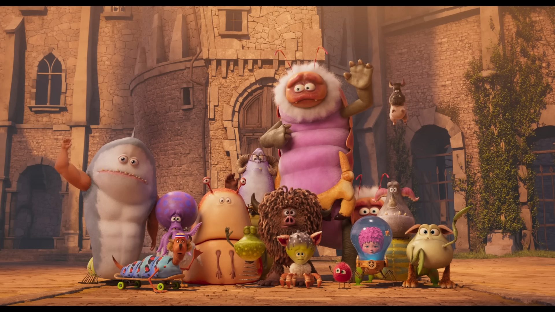 a lively group of whimsical animated characters posing together in front of a medievalstyle castle they display a range of colors and shapes with some holding objects like balloons adding a playful atmosphere digital production A lively group of whimsical animated characters posing together in front of a medieval-style castle. They display a range of colors and shapes, with some holding objects like balloons, adding a playful atmosphere.