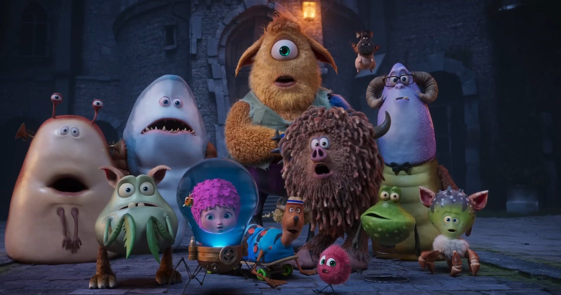 a diverse group of colorful animated monsters displaying various expressions gathered in a dimly lit environment the central character is a large furry yellow creature with one eye surrounded by smaller quirky monsters of different shapes and colors digital production A diverse group of colorful animated monsters displaying various expressions, gathered in a dimly lit environment. The central character is a large, furry yellow creature with one eye, surrounded by smaller, quirky monsters of different shapes and colors.
