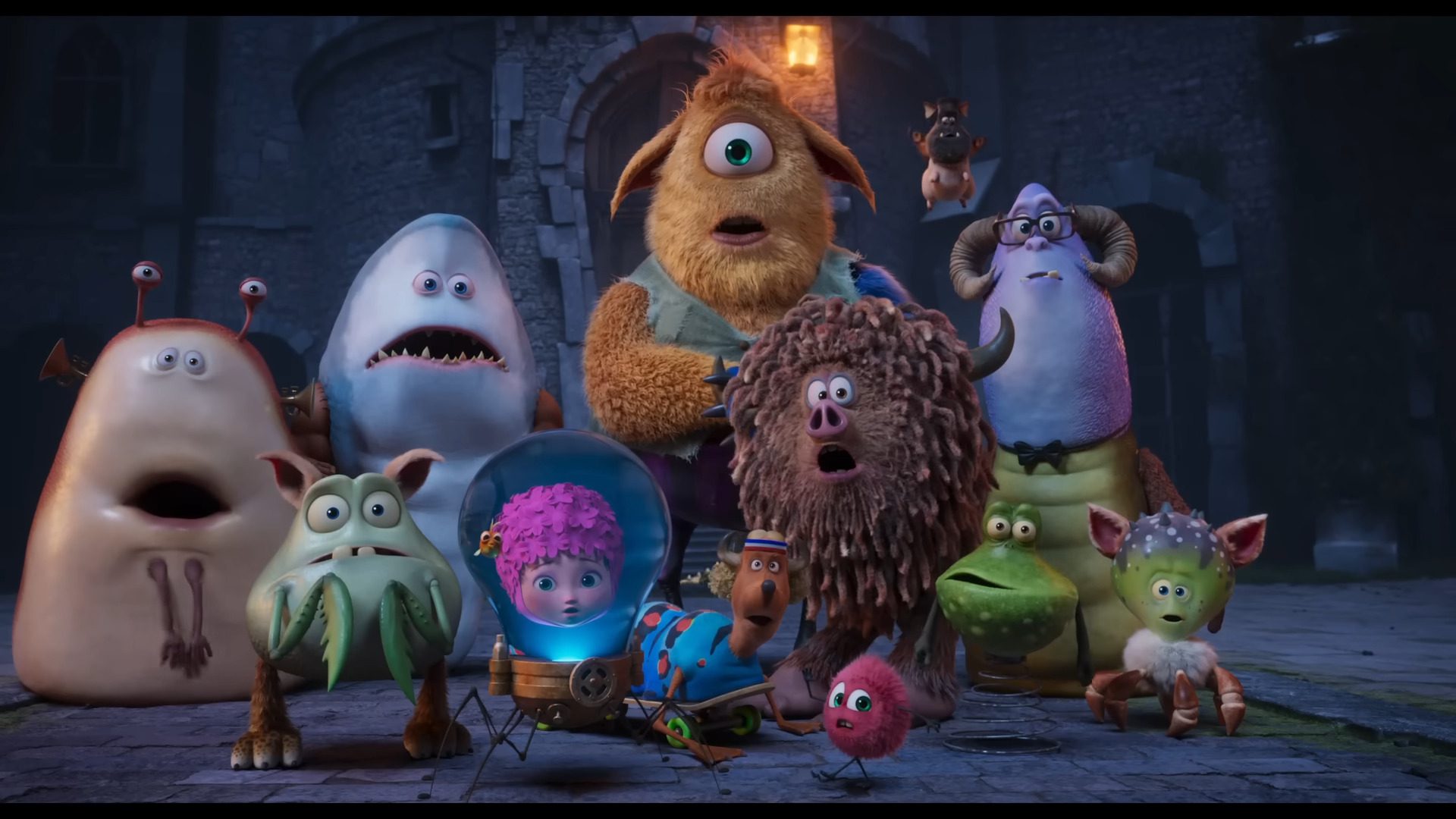 a diverse group of colorful animated monsters displaying various expressions gathered in a dimly lit environment the central character is a large furry yellow creature with one eye surrounded by smaller quirky monsters of different shapes and colors digital production A diverse group of colorful animated monsters displaying various expressions, gathered in a dimly lit environment. The central character is a large, furry yellow creature with one eye, surrounded by smaller, quirky monsters of different shapes and colors.