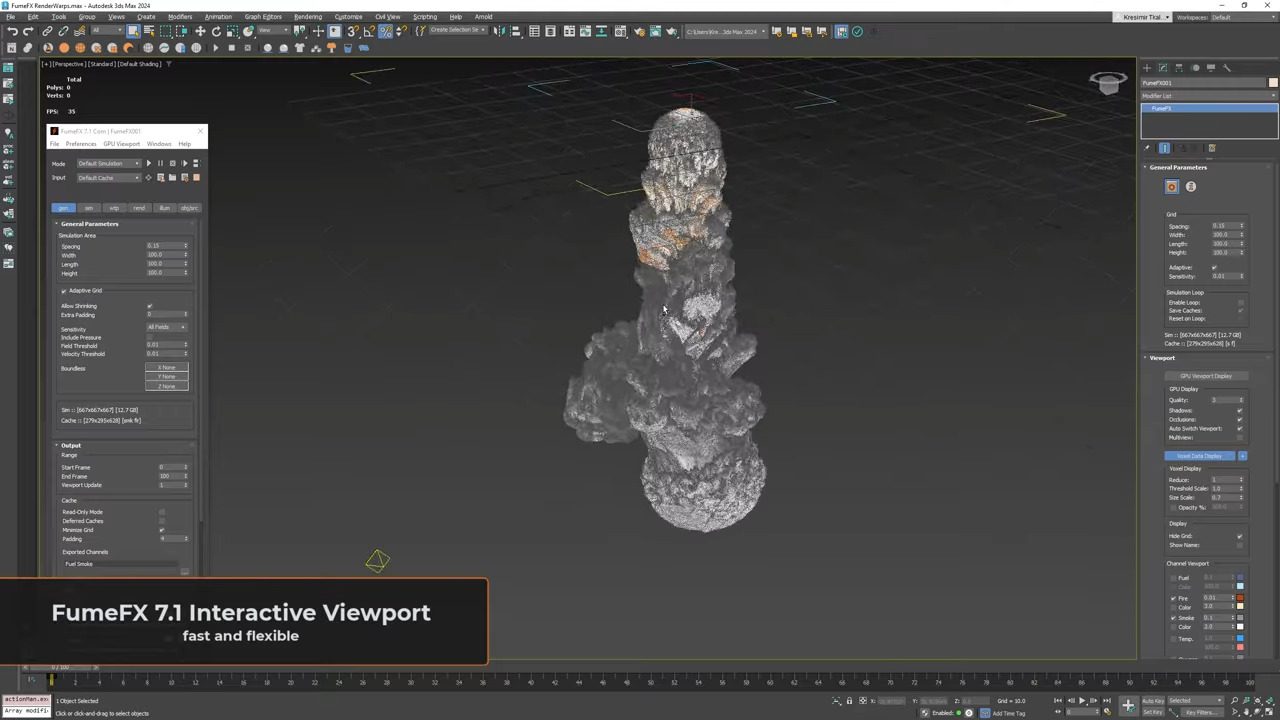 3d rendering of a stylized rock formation in a graphics software interface various tool panels are visible showcasing modeling options on the left a label at the bottom highlights the fumefx 71 interactive viewport for dynamic adjustments digital production 3D rendering of a stylized rock formation in a graphics software interface. Various tool panels are visible, showcasing modeling options on the left. A label at the bottom highlights the 'FumeFX 7.1 Interactive Viewport' for dynamic adjustments.