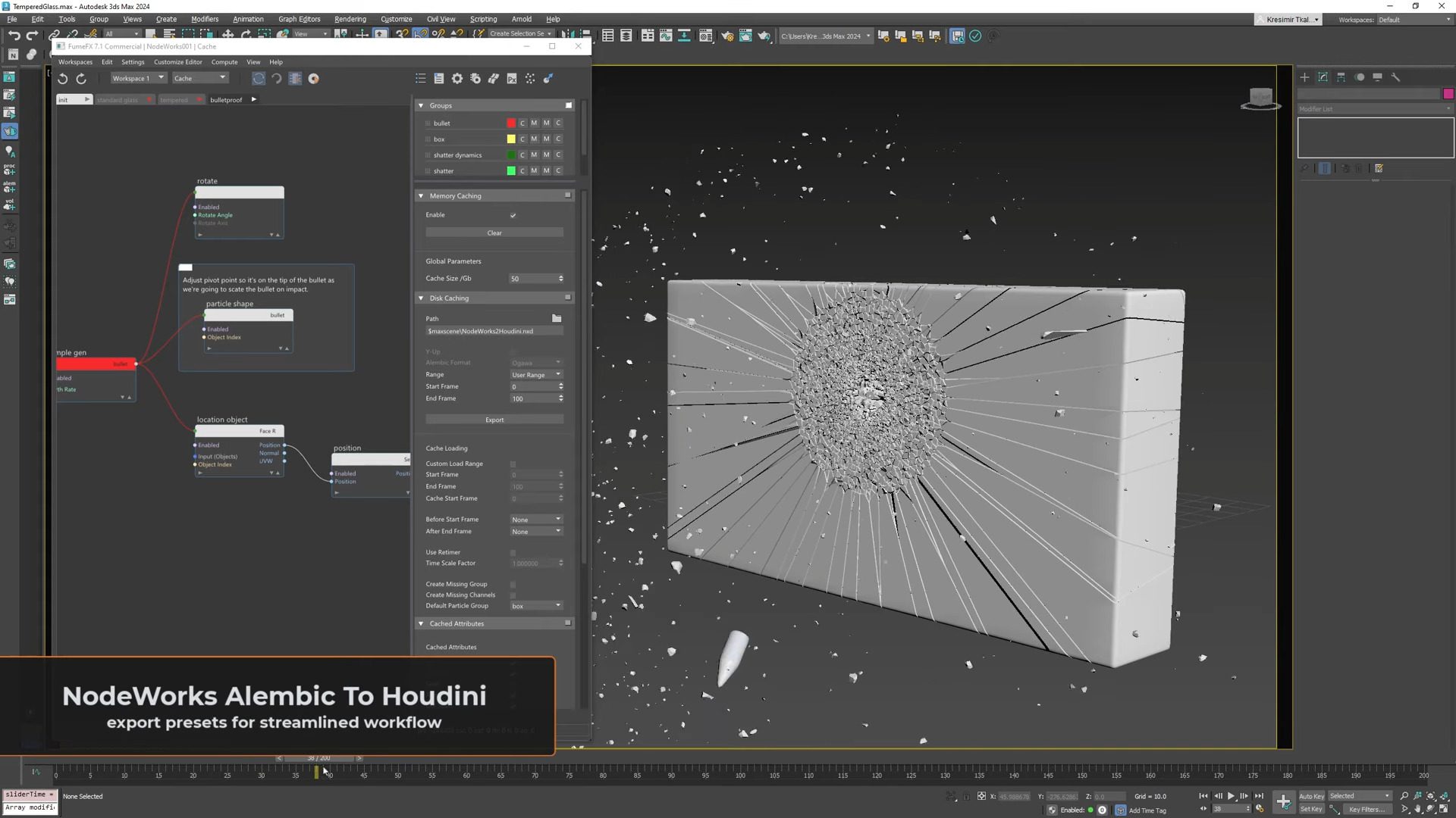 a computer screen displays a 3d modeling software interface featuring a dynamically rendered object with particle effects the scene includes various panels and tools on the left side with a highlighted section labeled nodeworks alembic to houdini at the bottom digital production A computer screen displays a 3D modeling software interface, featuring a dynamically rendered object with particle effects. The scene includes various panels and tools on the left side, with a highlighted section labeled 'NodeWorks Alembic To Houdini' at the bottom.
