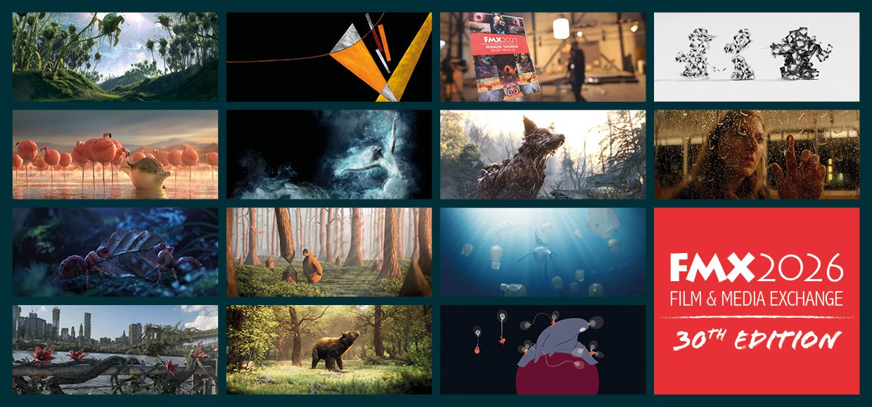 a collage featuring various vibrant images related to film and media scenes include lush landscapes animated characters and elements of technology alongside a prominent logo stating fmx 2026 film media exchange 30th edition digital production A collage featuring various vibrant images related to film and media. Scenes include lush landscapes, animated characters, and elements of technology, alongside a prominent logo stating "FMX 2026 Film & Media Exchange 30th Edition."
