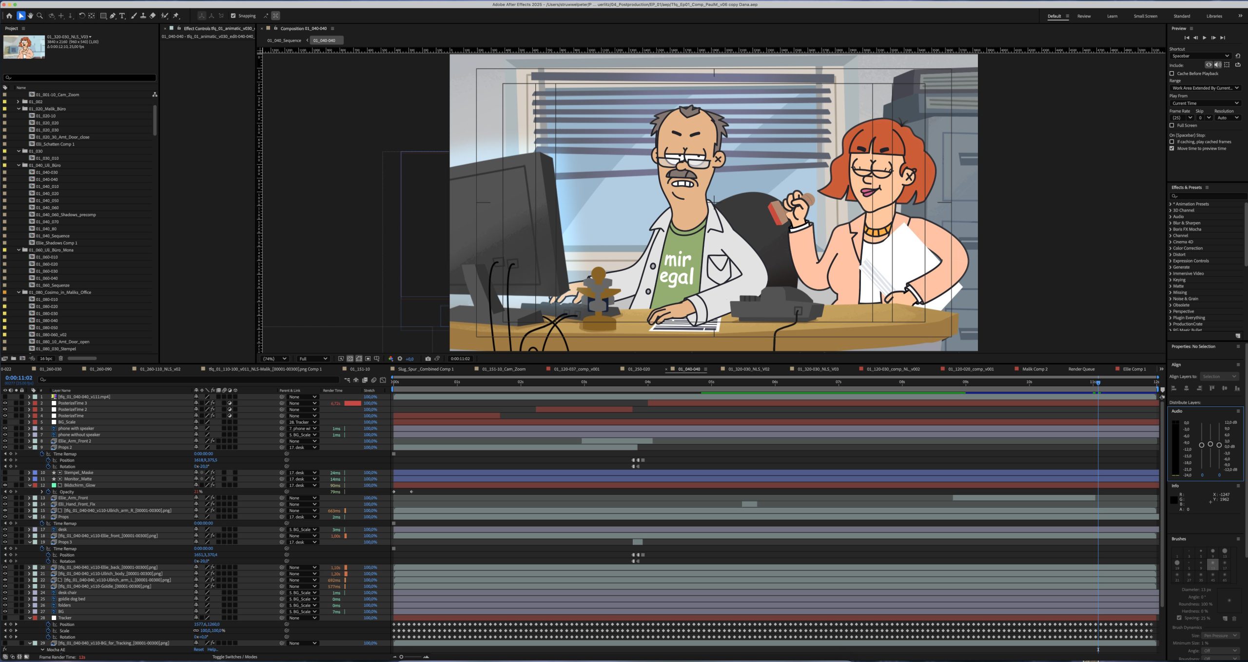 an animated scene displays a man in a lab coat and a woman with red hair sitting at a desk the workspace is cluttered with a computer and animation software timeline visible in the background suggesting a creative environment digital production An animated scene displays a man in a lab coat and a woman with red hair sitting at a desk. The workspace is cluttered with a computer and animation software timeline visible in the background, suggesting a creative environment.